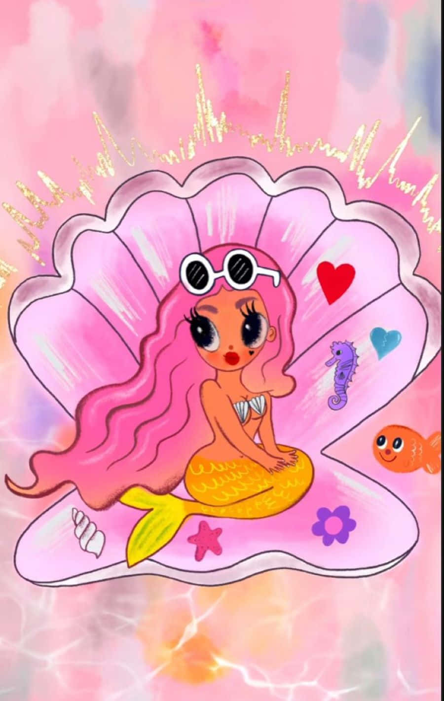 Mermaid Cartoonon Shell, pink-haired mermaid, white sunglasses, HD Phone Wallpaper