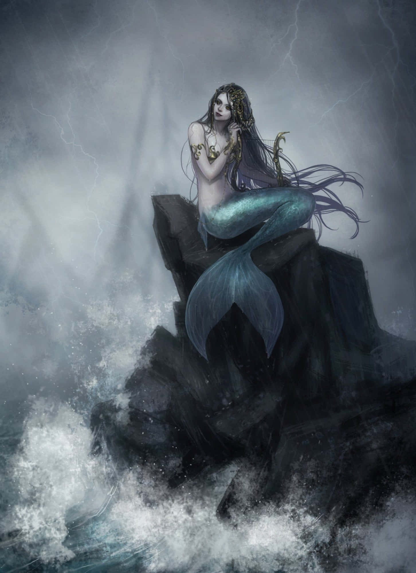 Beautiful Dark Mermaid, long dark hair, teal tail, Full HD Phone Wallpaper