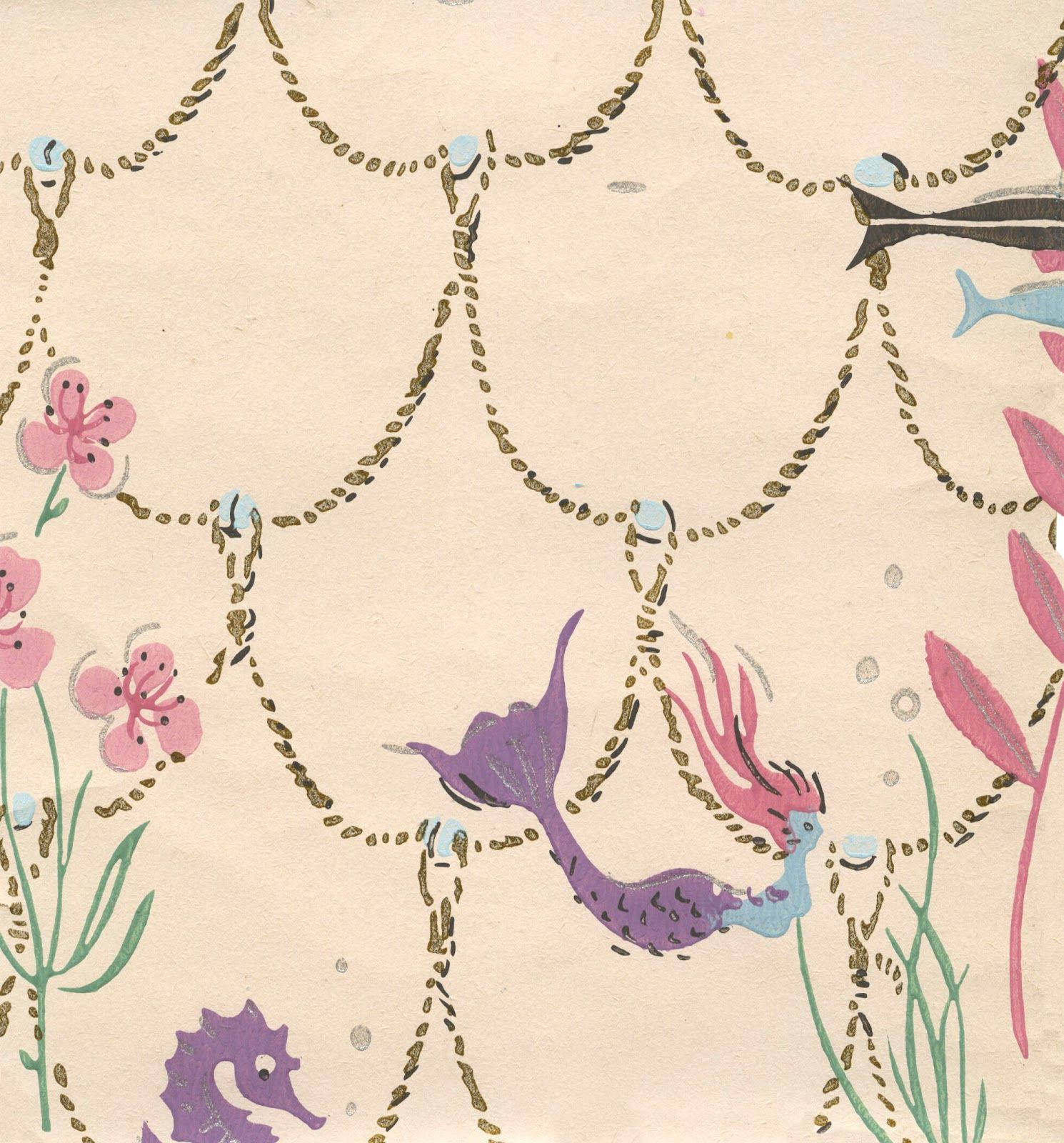 vintage mermaid, pink flowers, gold chains, HD Phone Wallpaper
