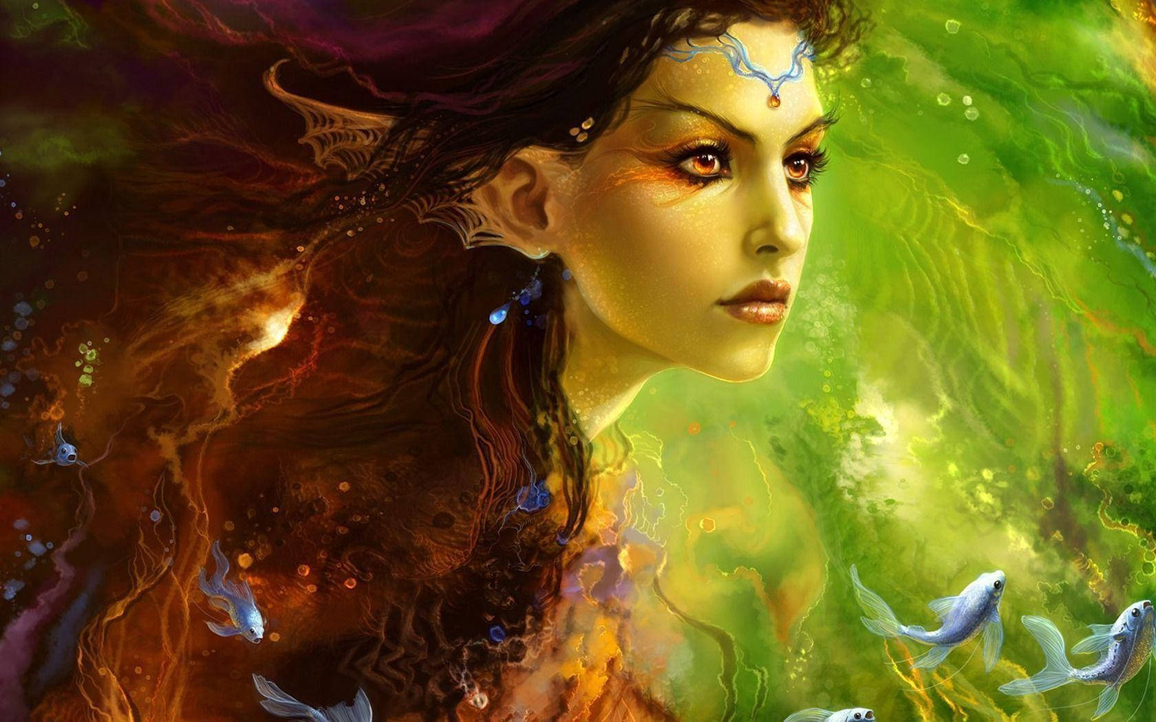 mermaid, glowing markings, silver fish, HD Desktop Wallpaper