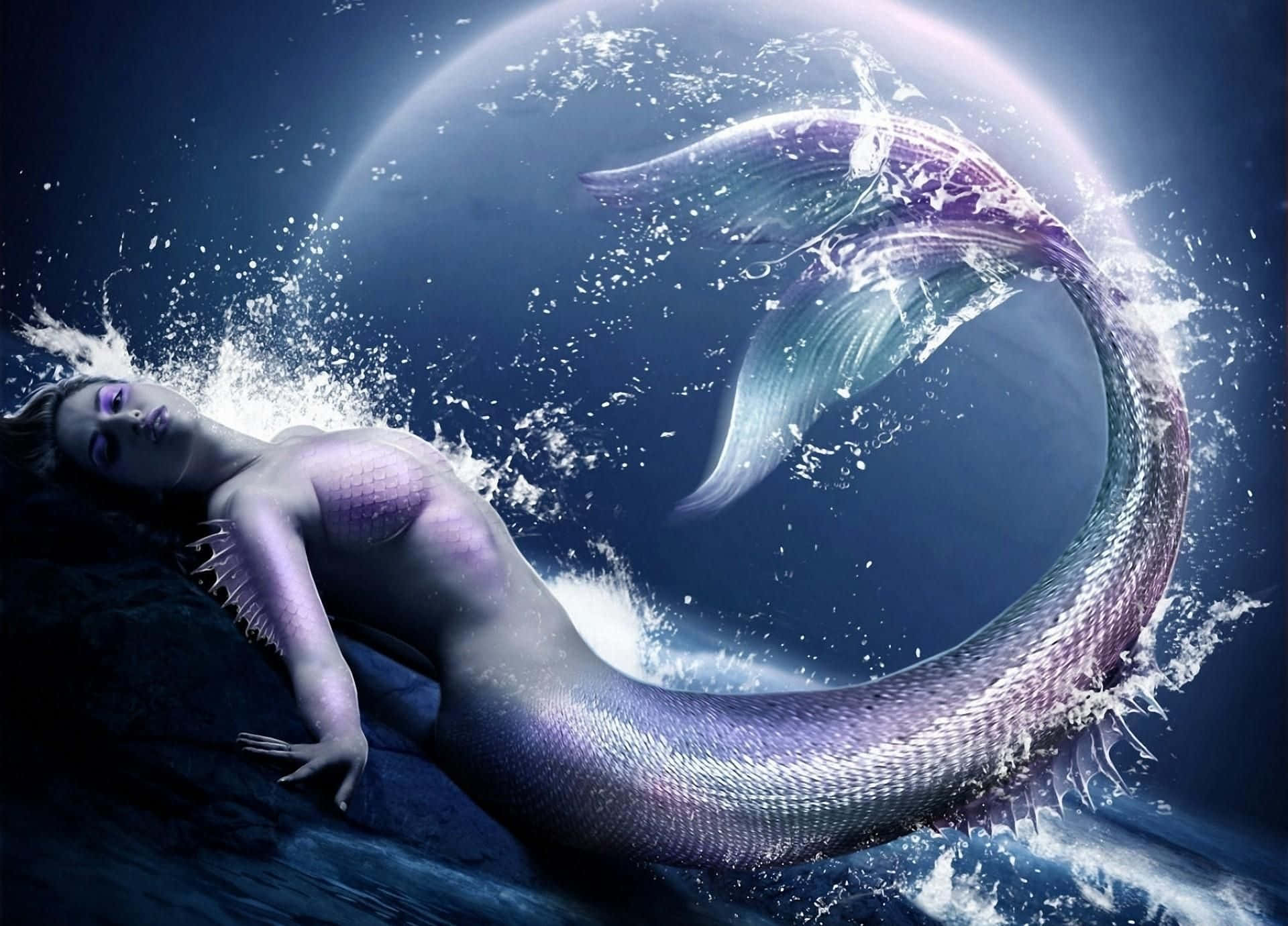 Real Mermaid, shimmering purple tail, deep blue water, Full HD Desktop Wallpaper