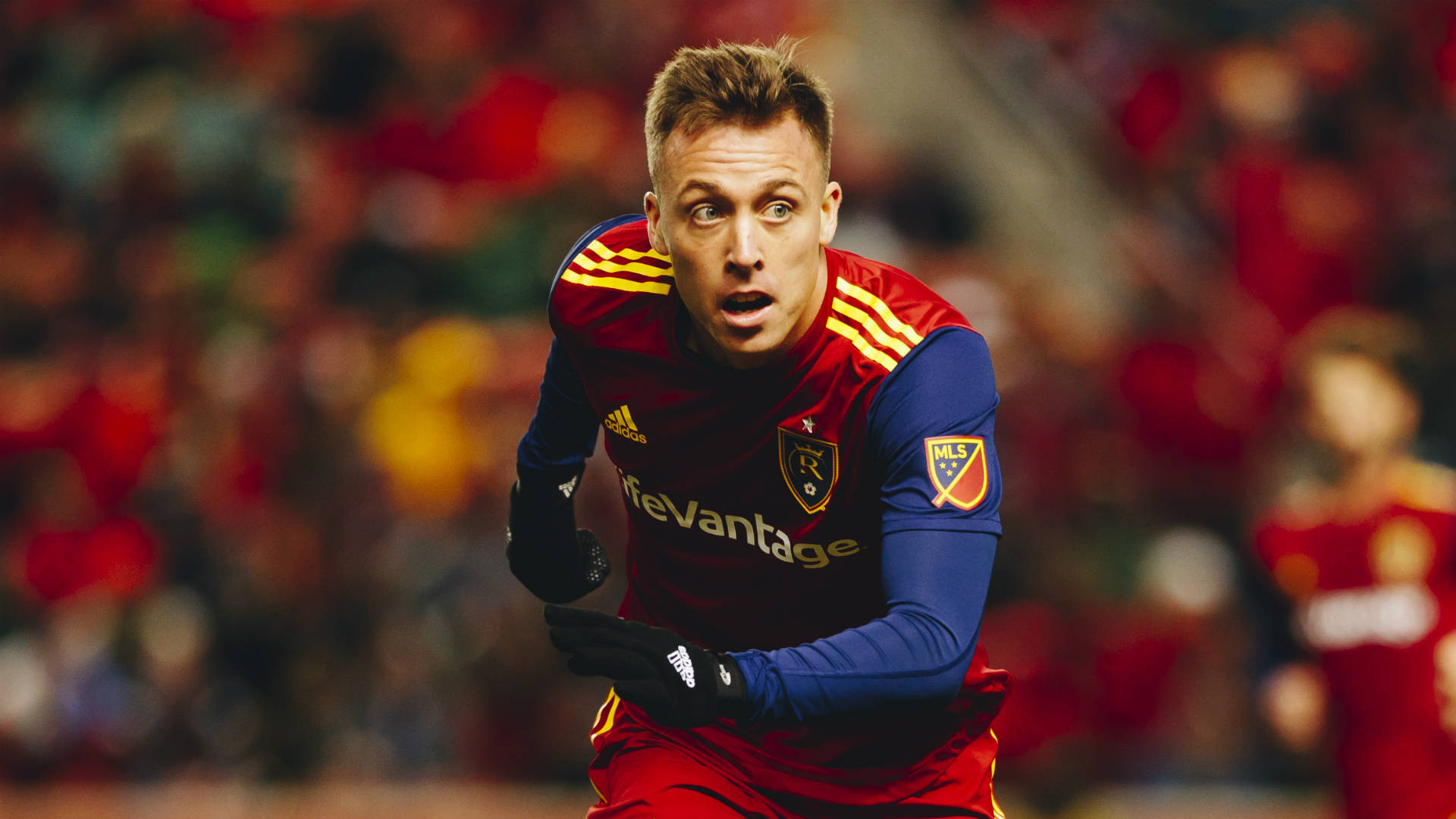 Real Salt Lake, red and blue uniform, night match, Full HD Desktop Wallpaper