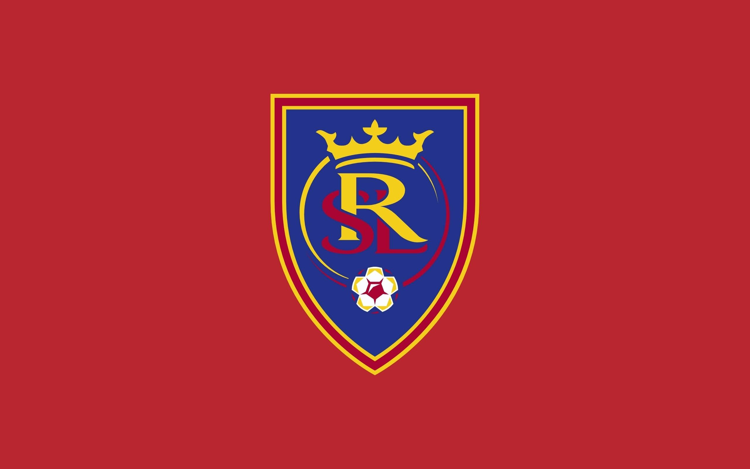 Real Salt Lake, plain logo, red background, 2K Desktop Wallpaper