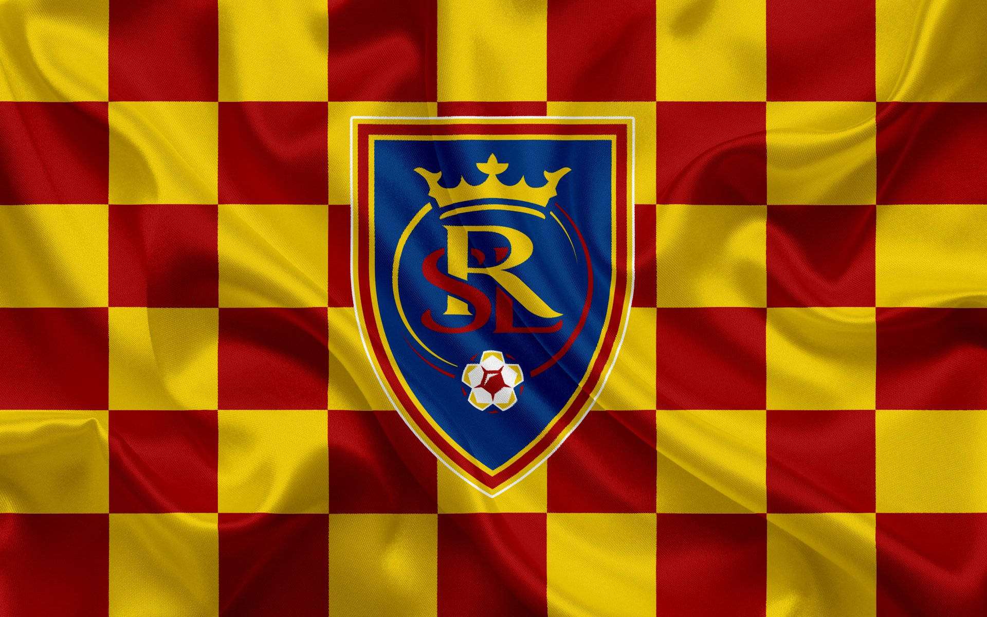 Real Salt Lake, red and yellow checkered flag, blue shield, Full HD Desktop Wallpaper