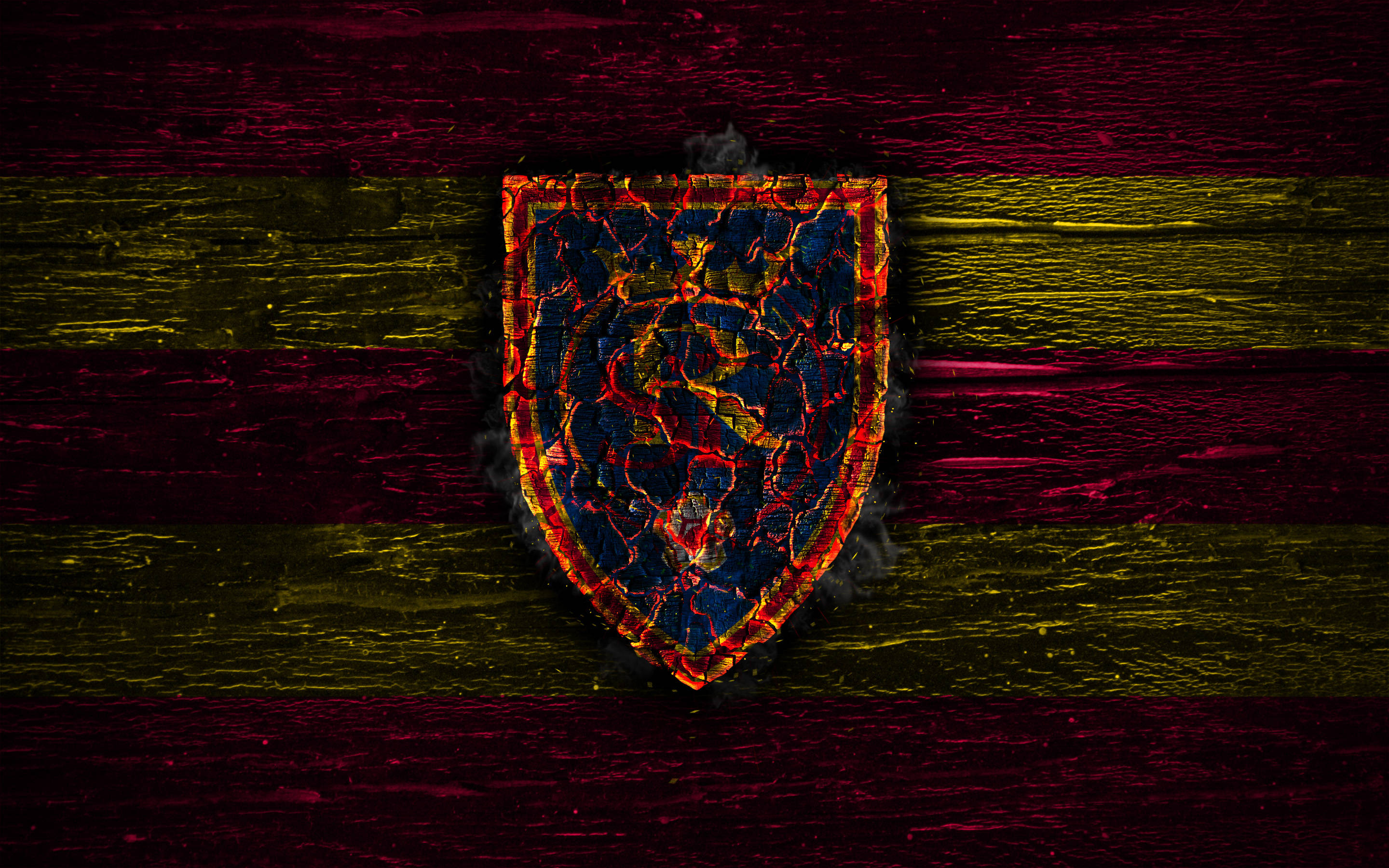Real Salt Lake, fiery shield emblem, weathered wooden background, 2K Desktop Wallpaper