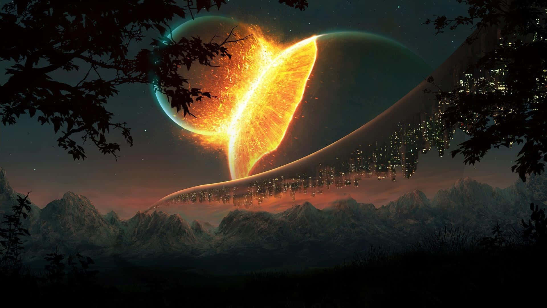 Real Space, planets colliding, fiery celestial body, Full HD Desktop Wallpaper