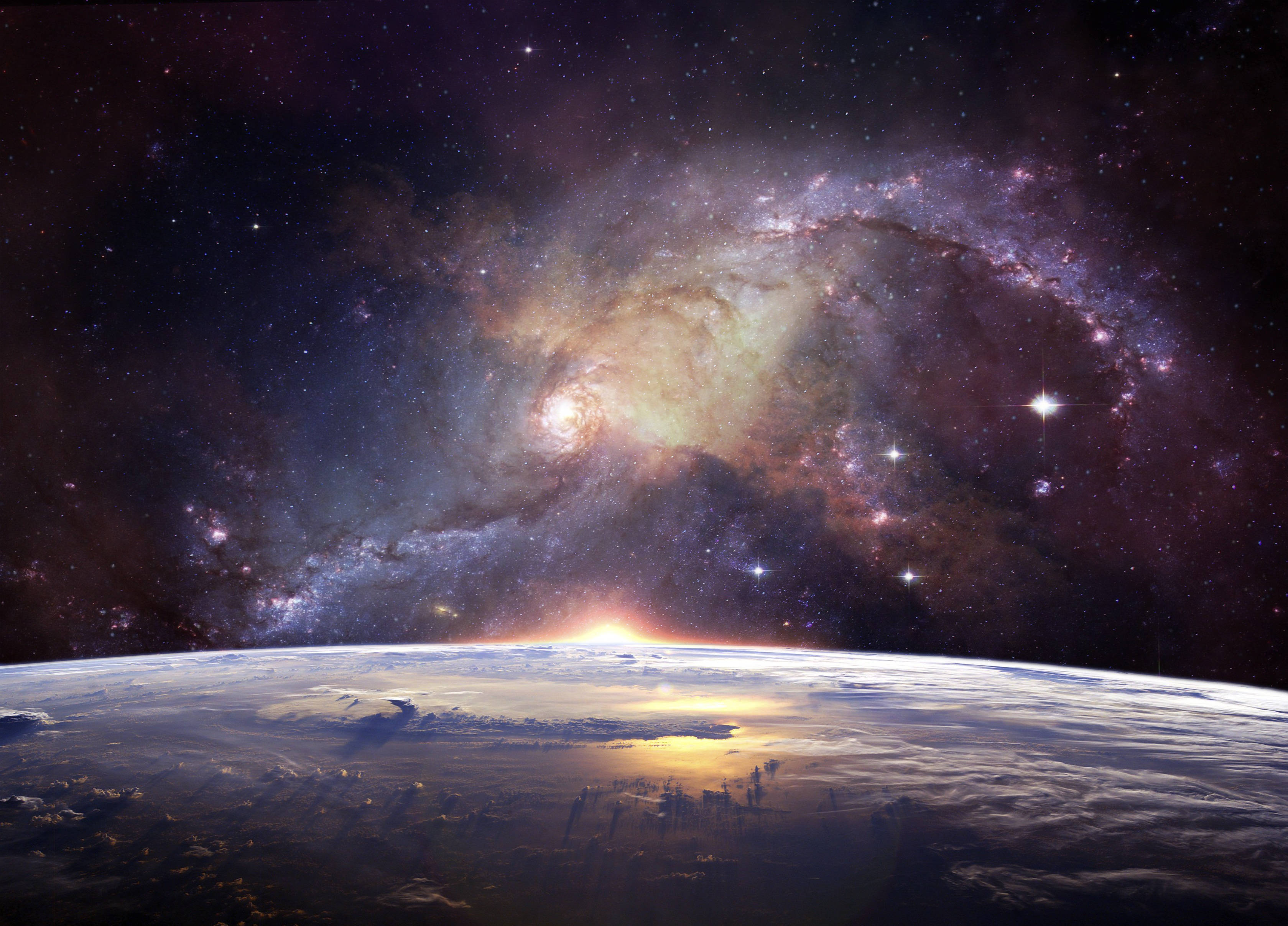 spiral galaxy, Earth's curved horizon, sunrise, 2K Desktop Wallpaper