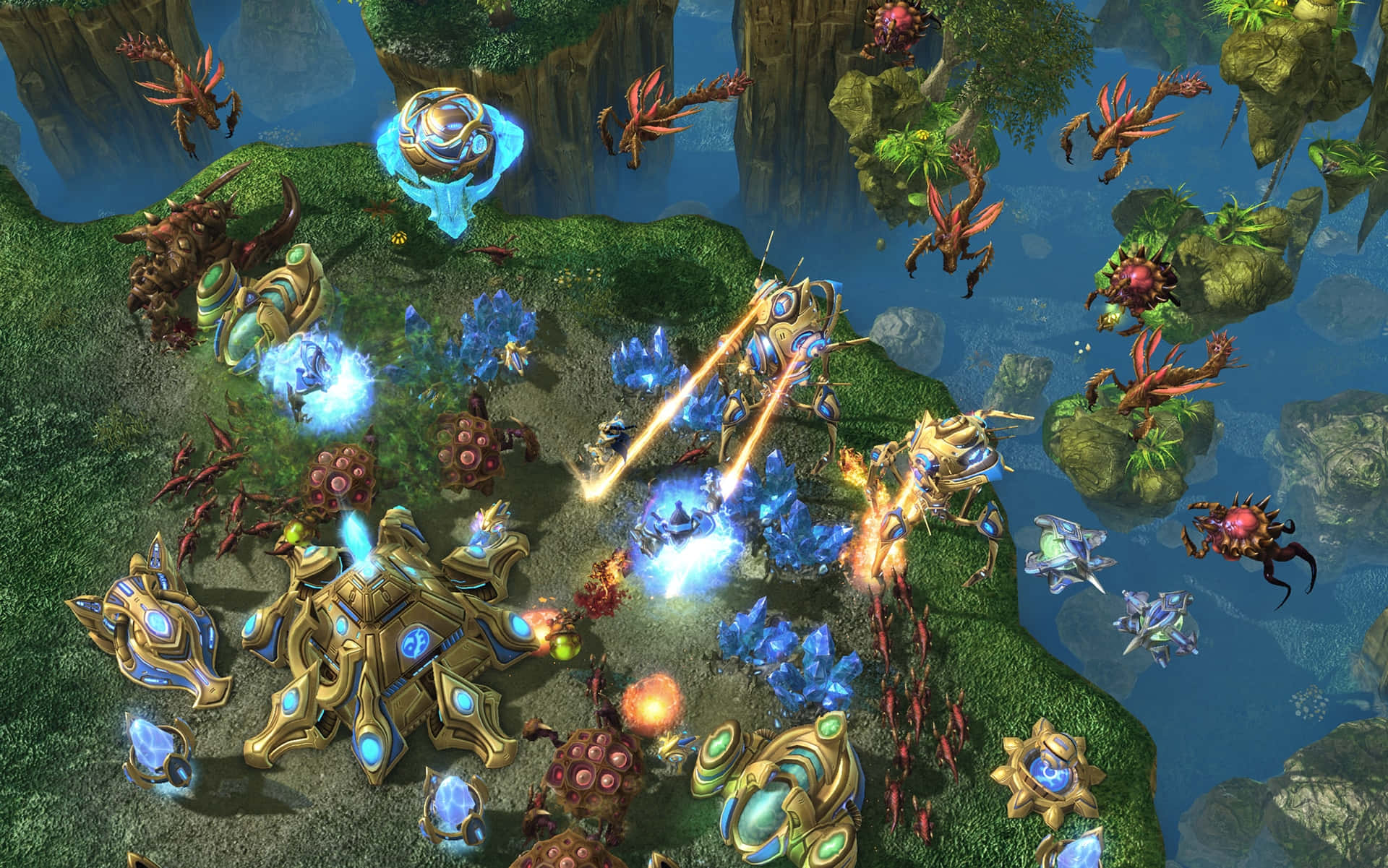 glowing blue and gold mechanical units, red insectoid creatures, floating islands, Full HD Desktop Wallpaper