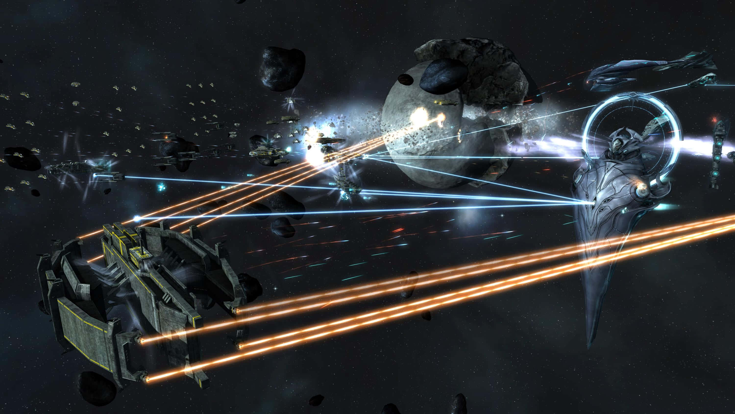 Real-time Strategy Game, futuristic spaceships, glowing lasers, 2K Desktop Wallpaper