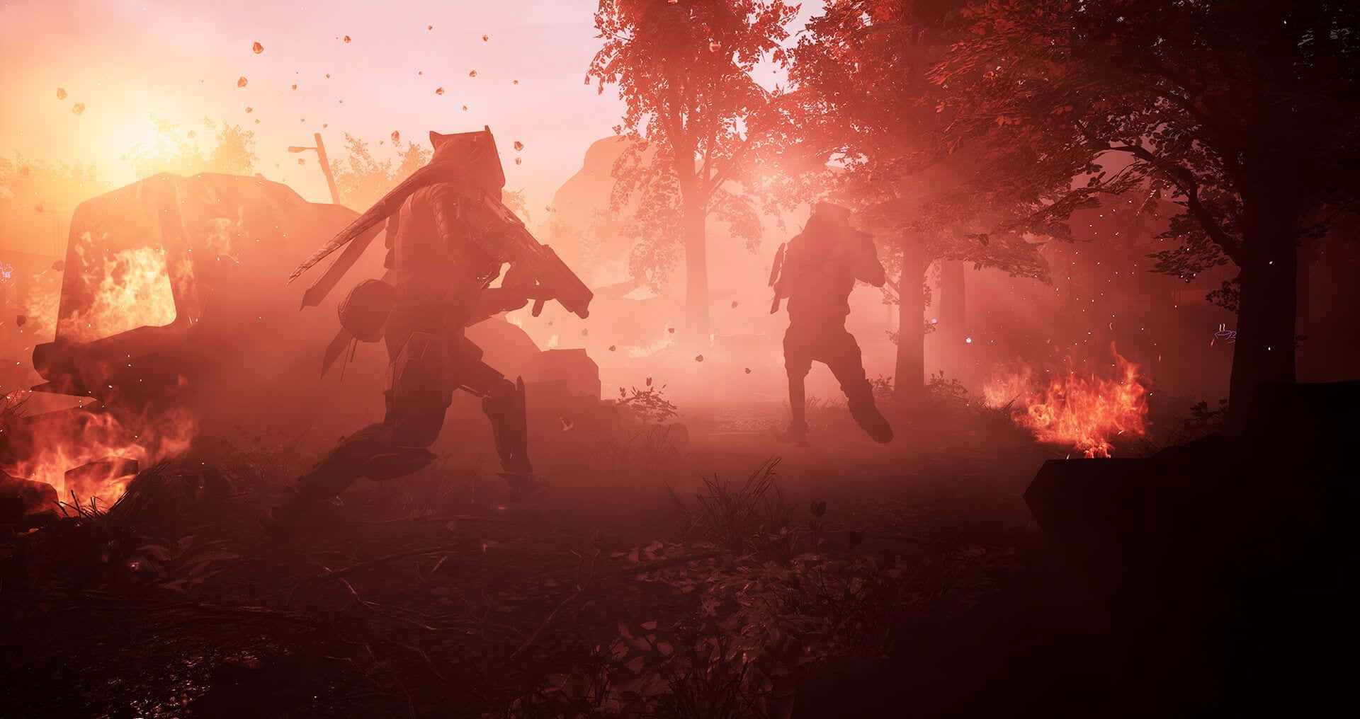 blood-orange sunset, fiery forest, wrecked vehicle, Full HD Desktop Wallpaper