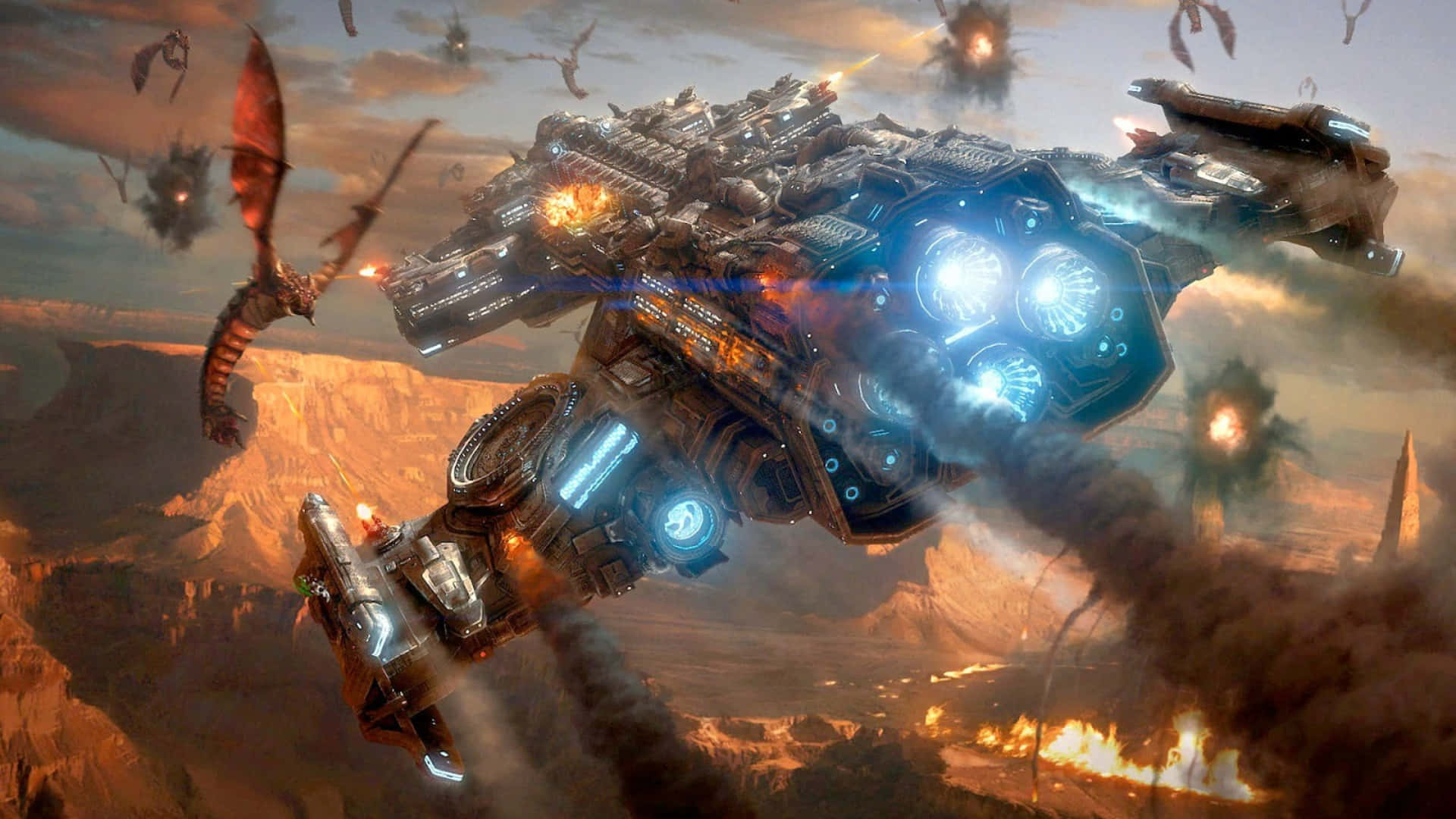 futuristic spaceship, glowing blue engines, flying mechanical dragons, Full HD Desktop Wallpaper
