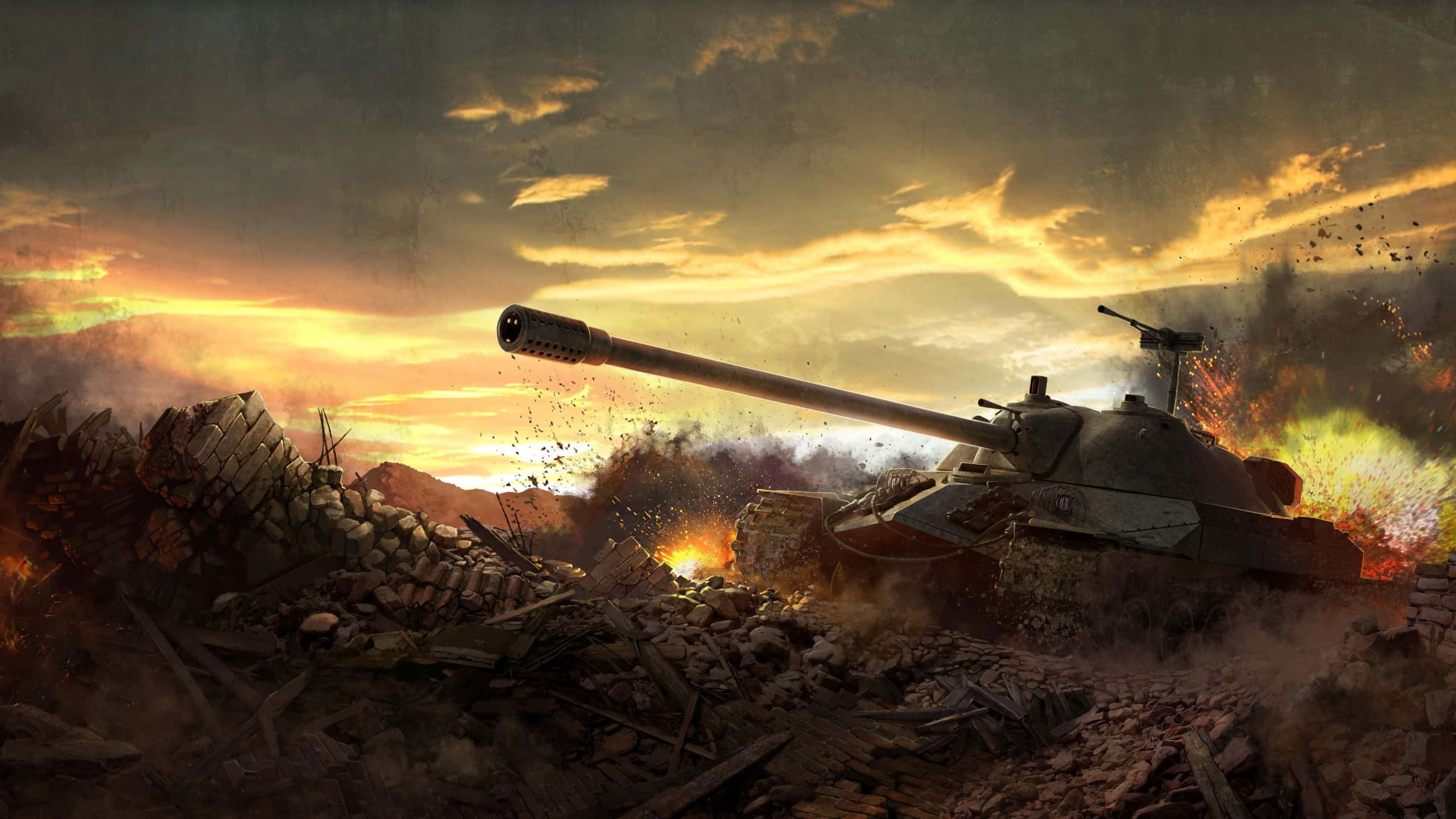 battle tank, fiery sunset sky, explosions, 2K Desktop Wallpaper