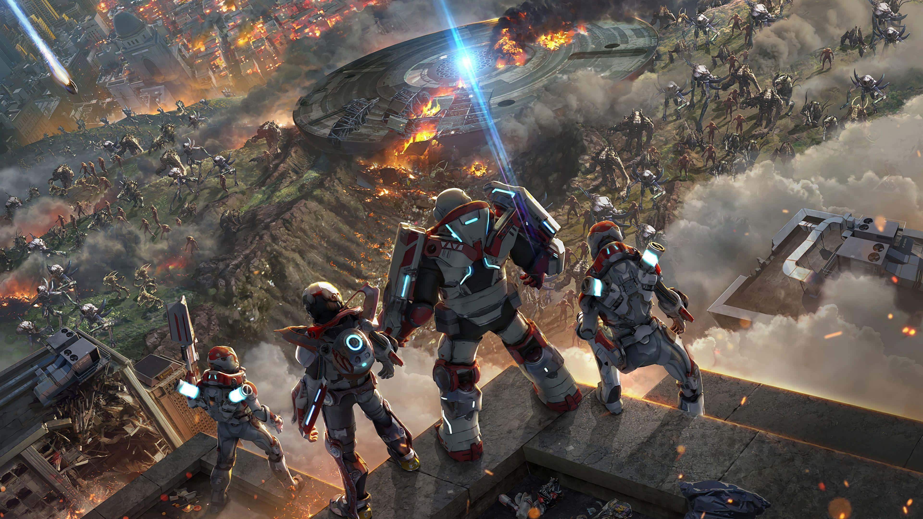 strategy game, armored soldiers, rooftop, 4K Desktop Wallpaper