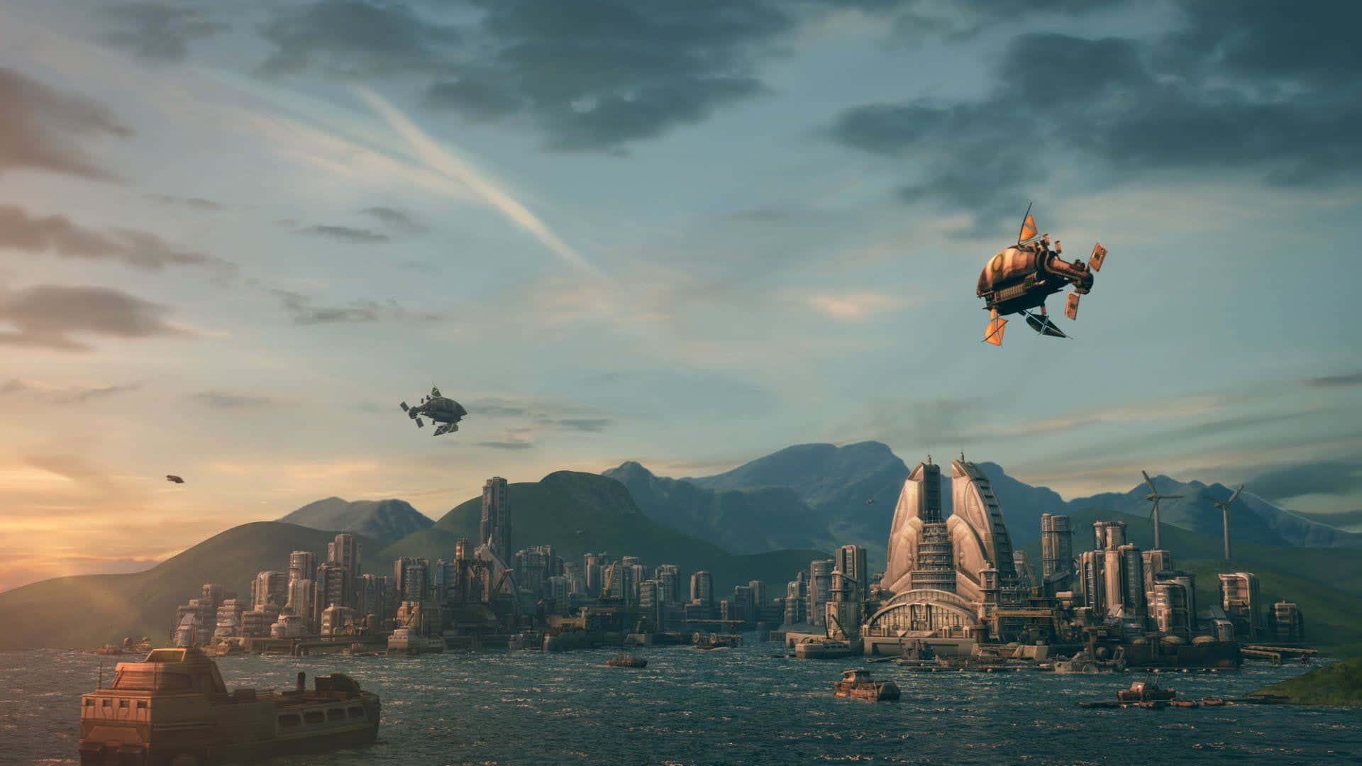 futuristic cityscape, sunset, flying vehicles, Full HD Desktop Wallpaper