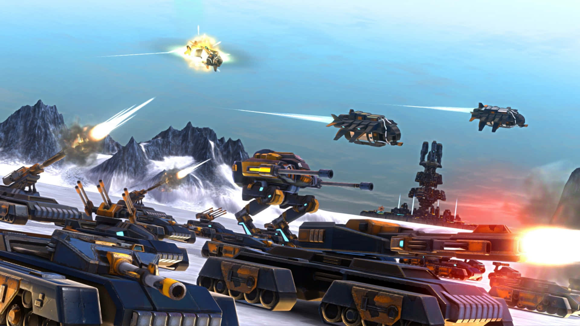 futuristic war machines, flying fighters, snowy mountain battlefield, Full HD Desktop Wallpaper