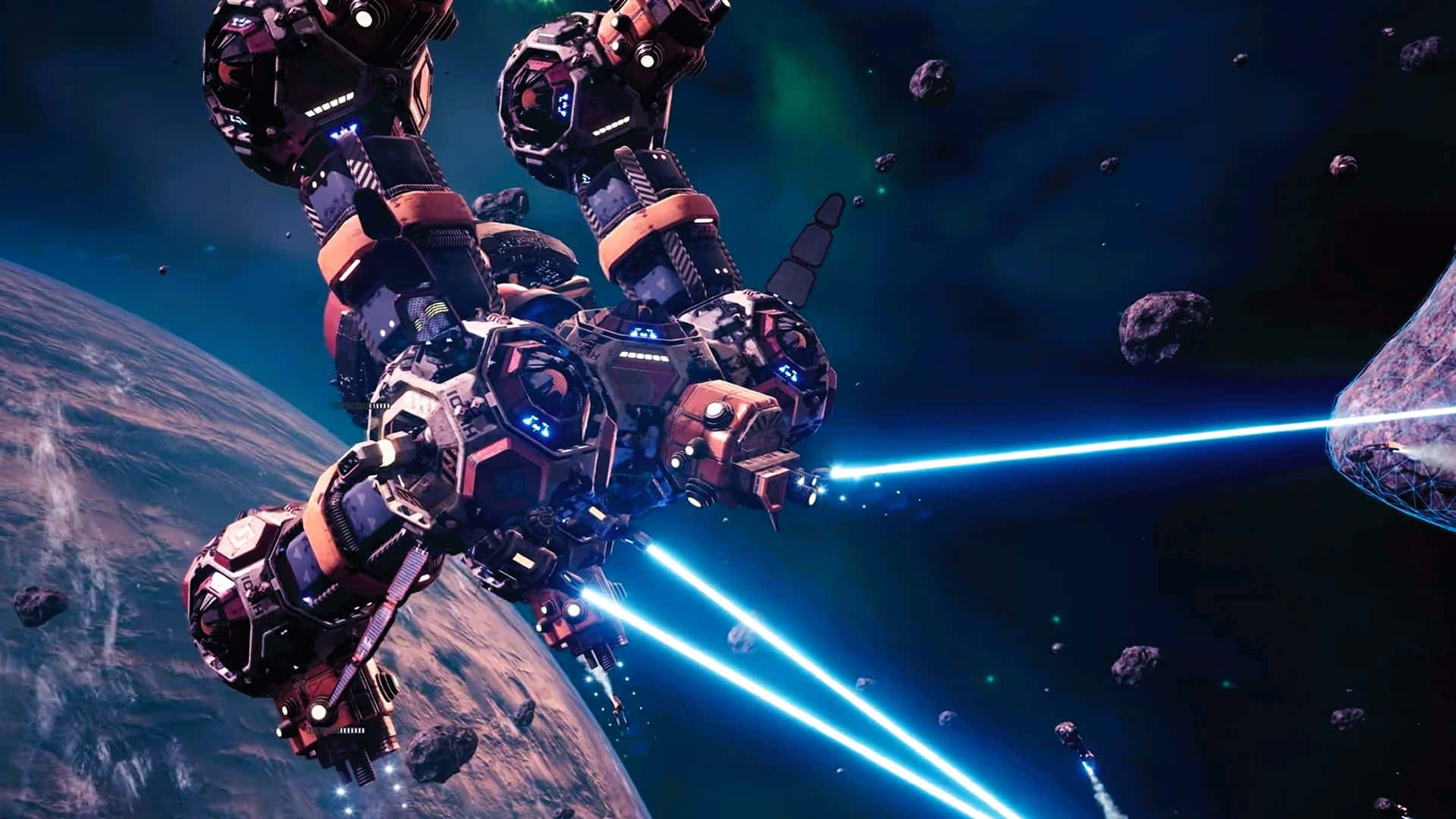 massive armored mech, bright blue lasers, asteroid, Full HD Desktop Wallpaper