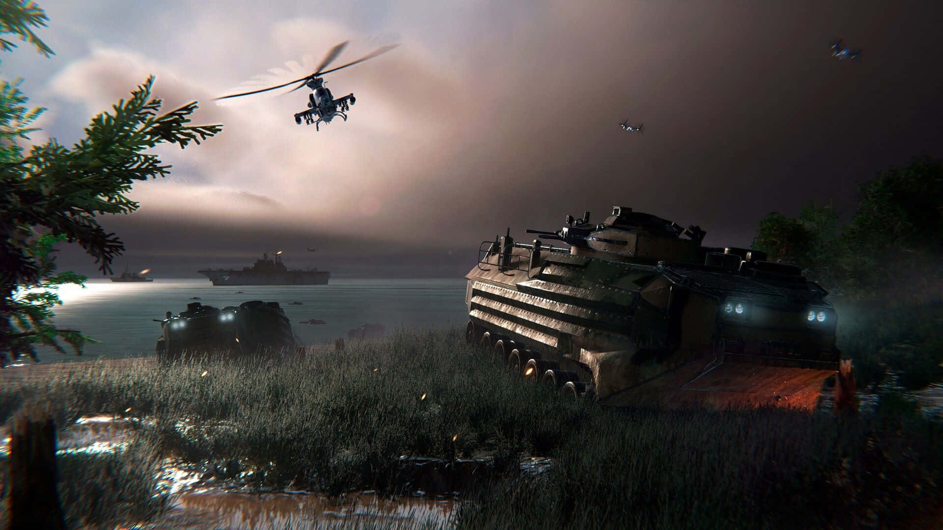 military amphibious assault vehicle, helicopters, naval fleet, Full HD Desktop Wallpaper