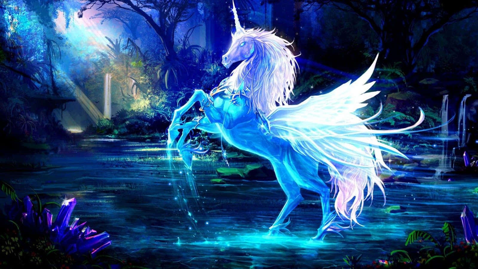 Real Unicorn, glowing blue, white wings, HD Desktop Wallpaper