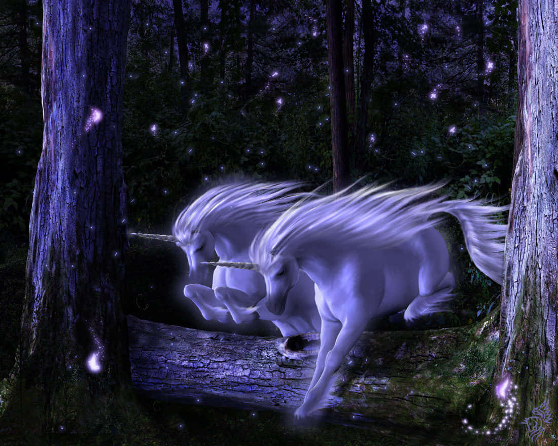 Real Unicorn, glowing white unicorns, mystical purple forest, SD Desktop Wallpaper