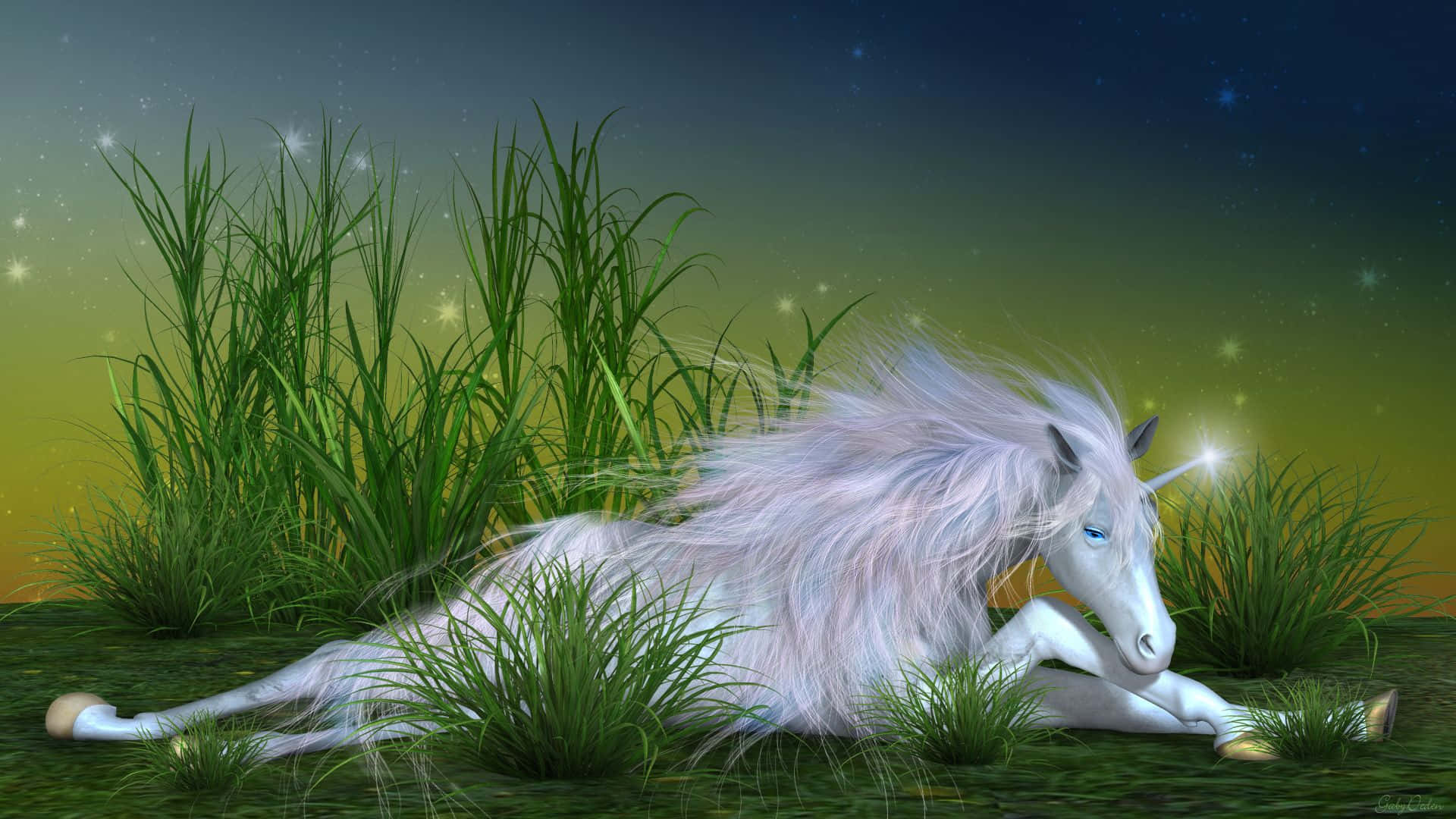 real unicorn, glowing white, tall green grass, Full HD Desktop Wallpaper