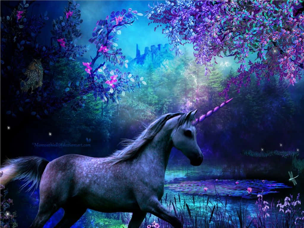 Real Unicorn, glowing horn, twilight forest, SD Desktop Wallpaper