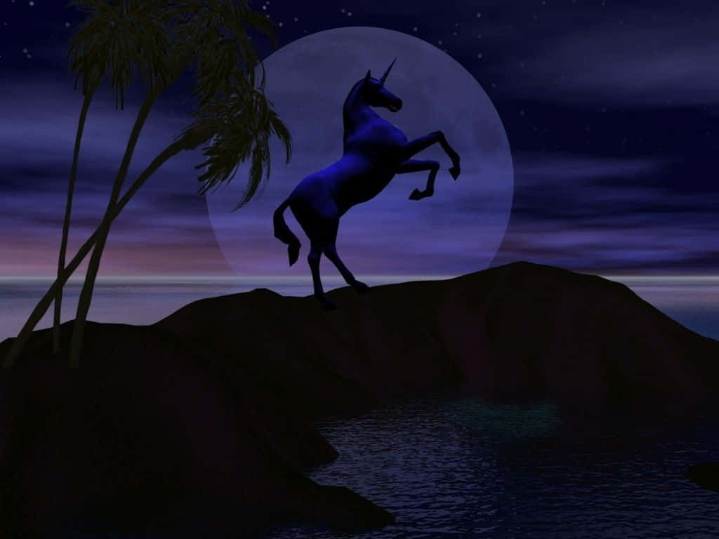 glowing blue unicorn, rocky cliff, giant moon, SD Desktop Wallpaper