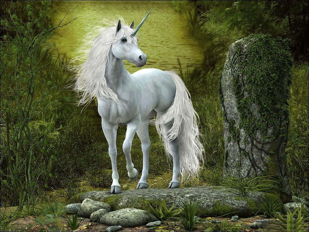 white unicorn, flowing mane, spiraling horn, SD Desktop Wallpaper