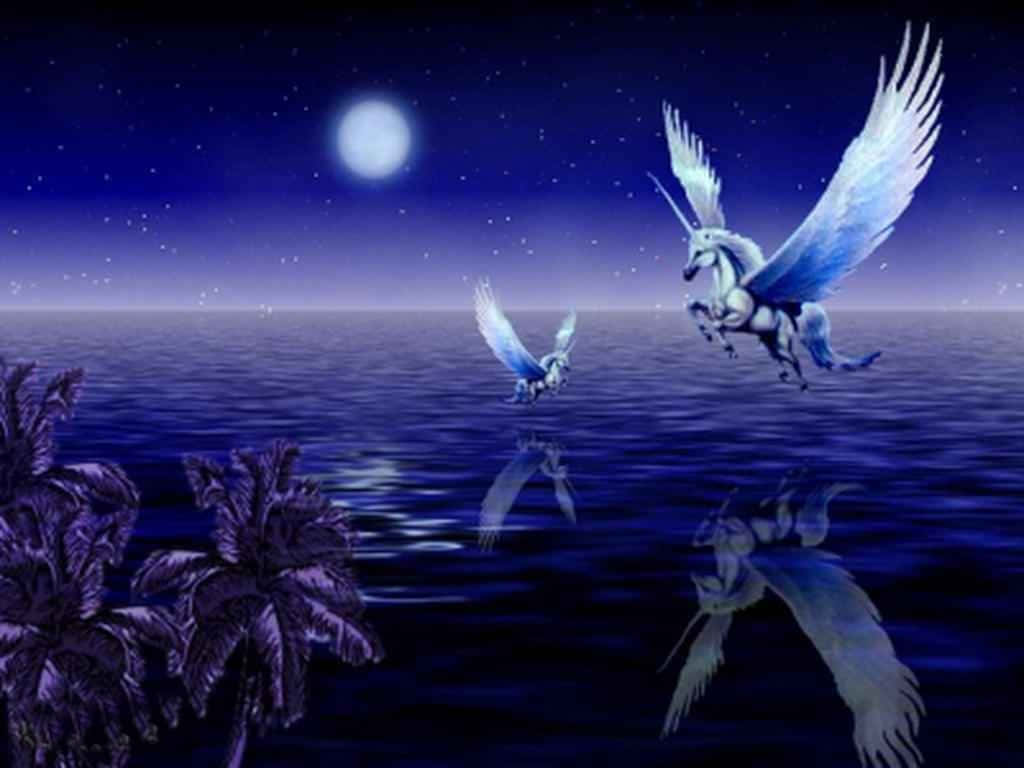 real unicorn, winged unicorns, moonlit ocean, SD Desktop Wallpaper