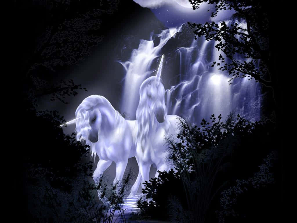 real unicorn, glowing white unicorns, luminous waterfall, SD Desktop Wallpaper