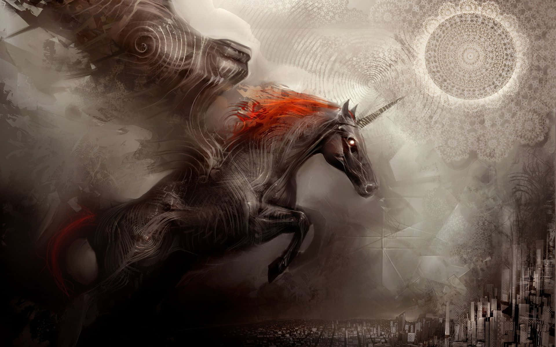3D Unicorn, dark mechanical unicorn, glowing red mane, Full HD Desktop Wallpaper