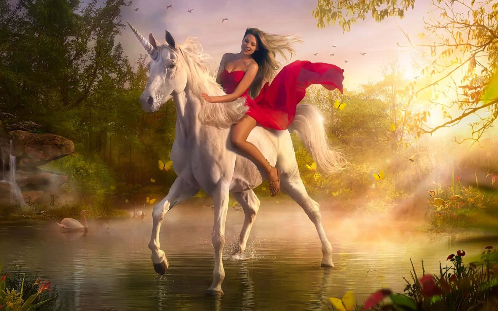3D unicorn, white unicorn, red dress, HD Desktop Wallpaper