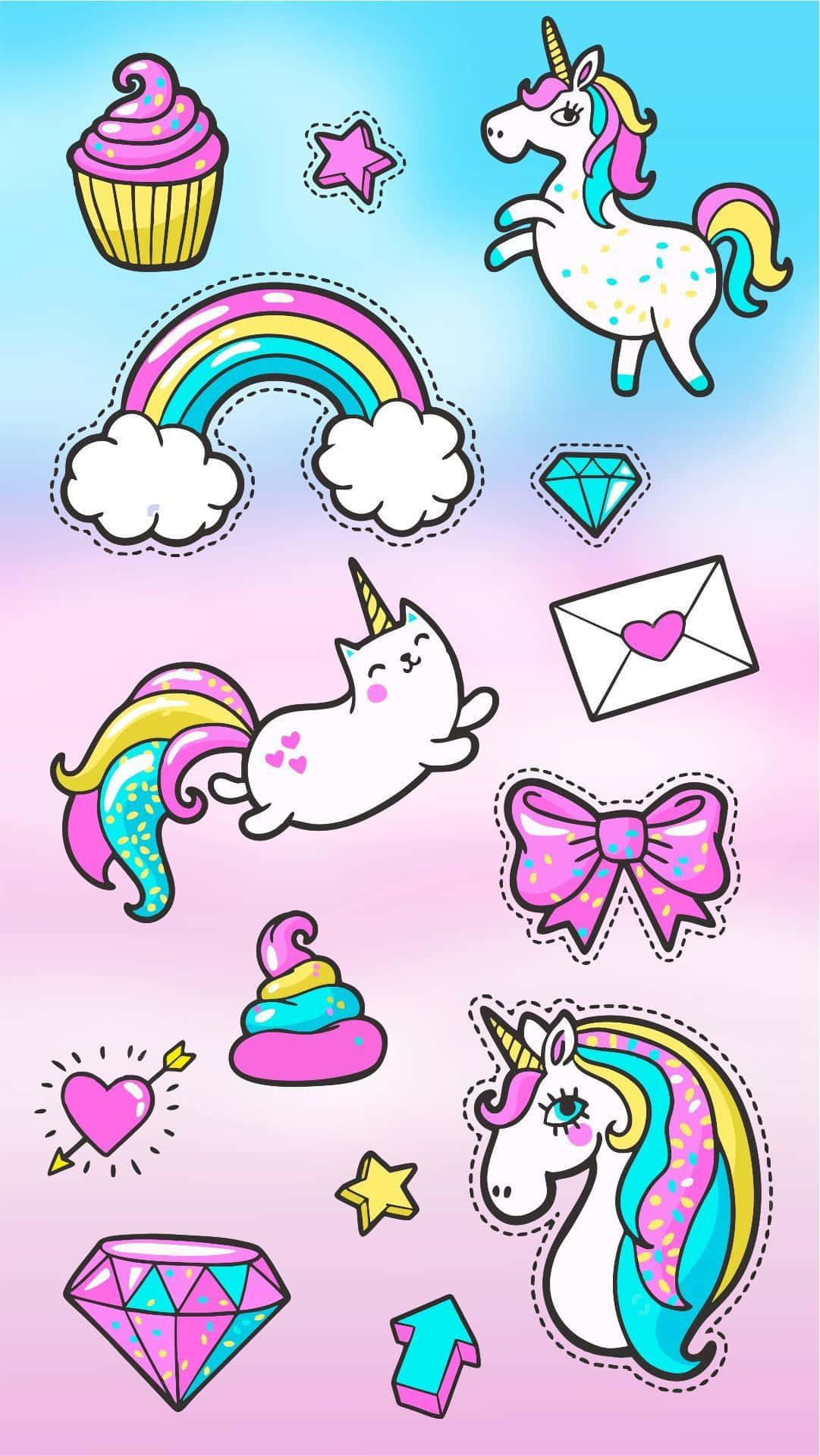 kawaii unicorn, pastel-colored cartoon stickers, unicorns, Full HD Phone Wallpaper