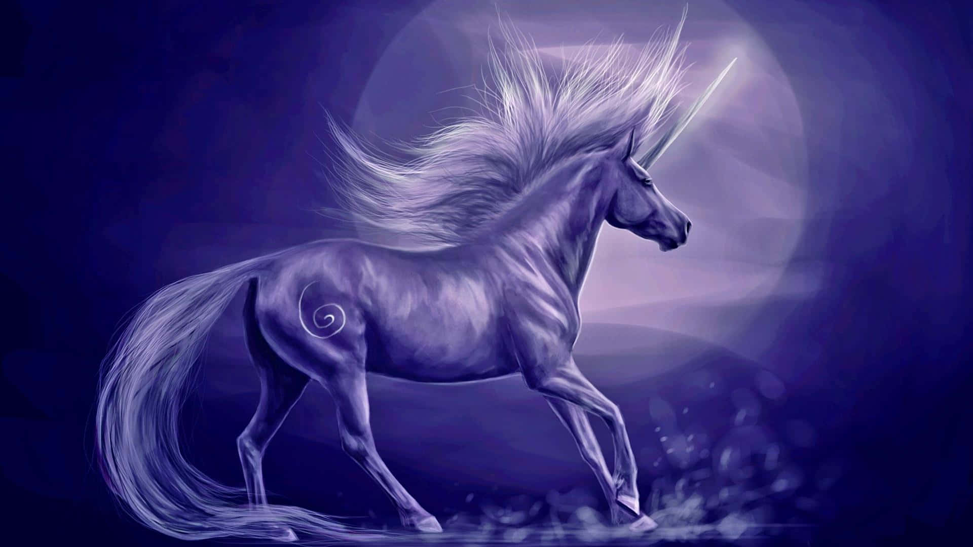 3D Unicorn, silver unicorn, mystical purple moonlit backdrop, Full HD Desktop Wallpaper