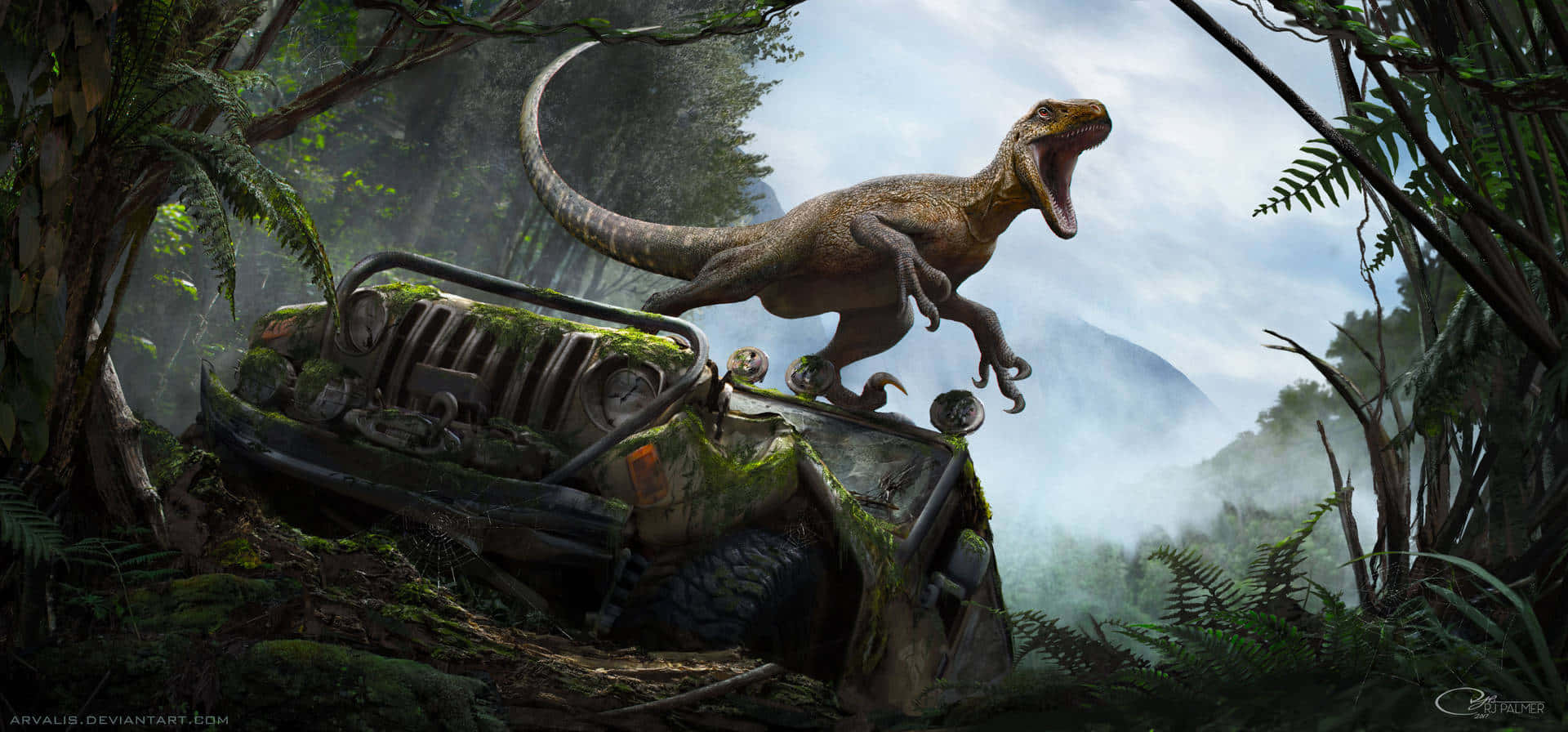 realistic dinosaur, raptor, moss-covered wrecked jeep, Full HD Desktop Wallpaper