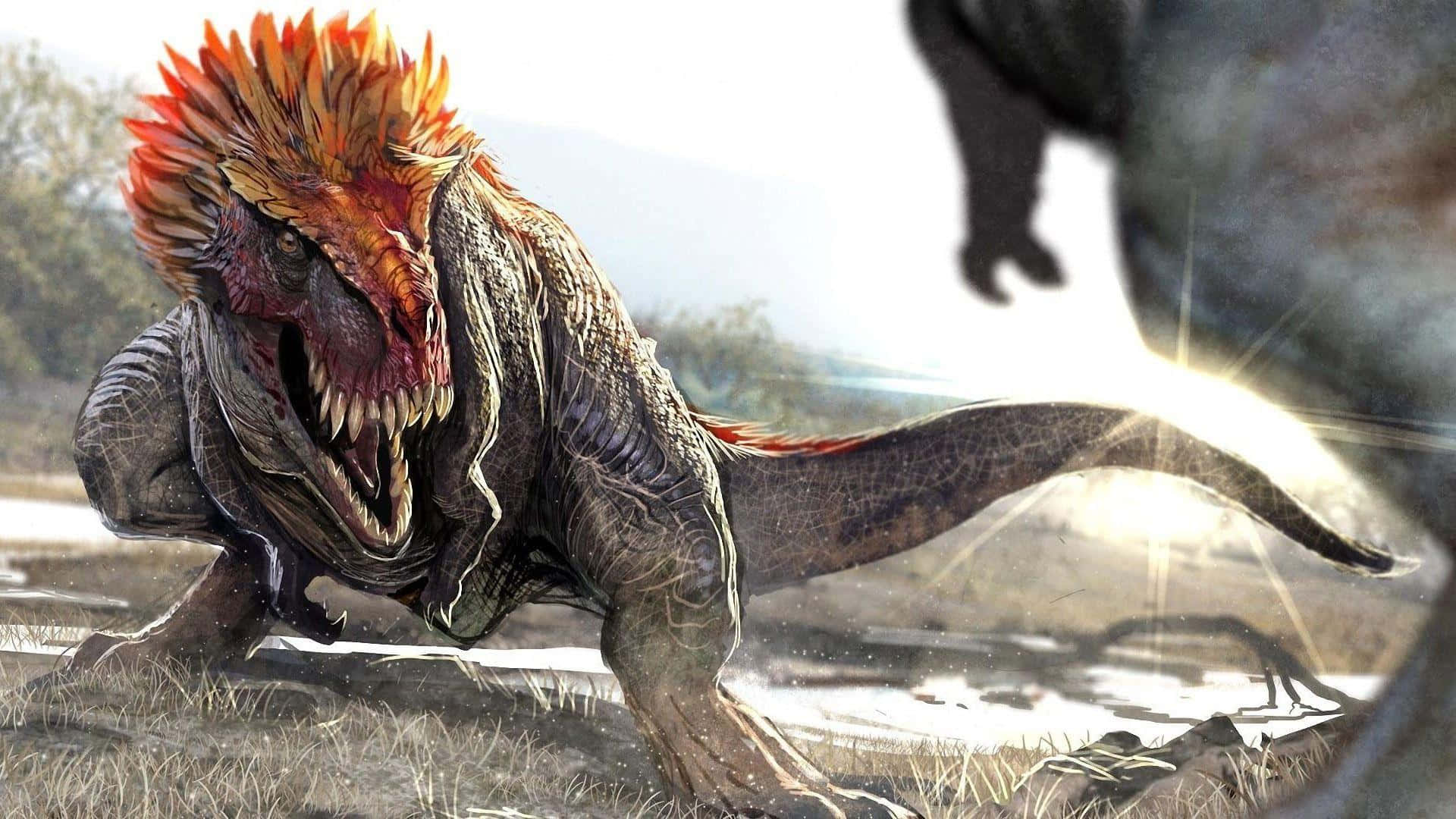 realistic dinosaur, fiery orange crest, sunlit prehistoric field, Full HD Desktop Wallpaper