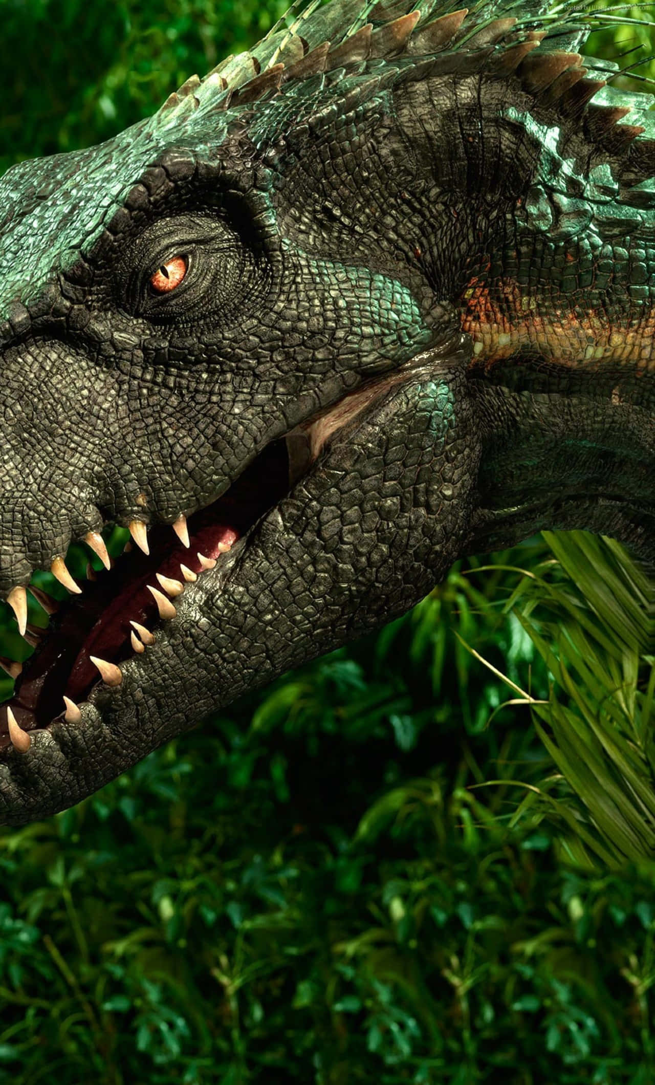realistic dinosaur, glowing orange eyes, sharp teeth, Full HD Phone Wallpaper