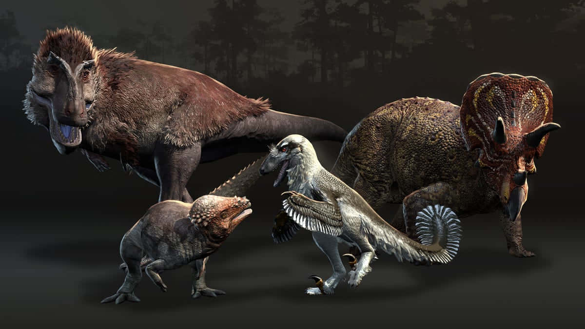 triceratops, feathered theropod, dark forested setting, SD Desktop Wallpaper