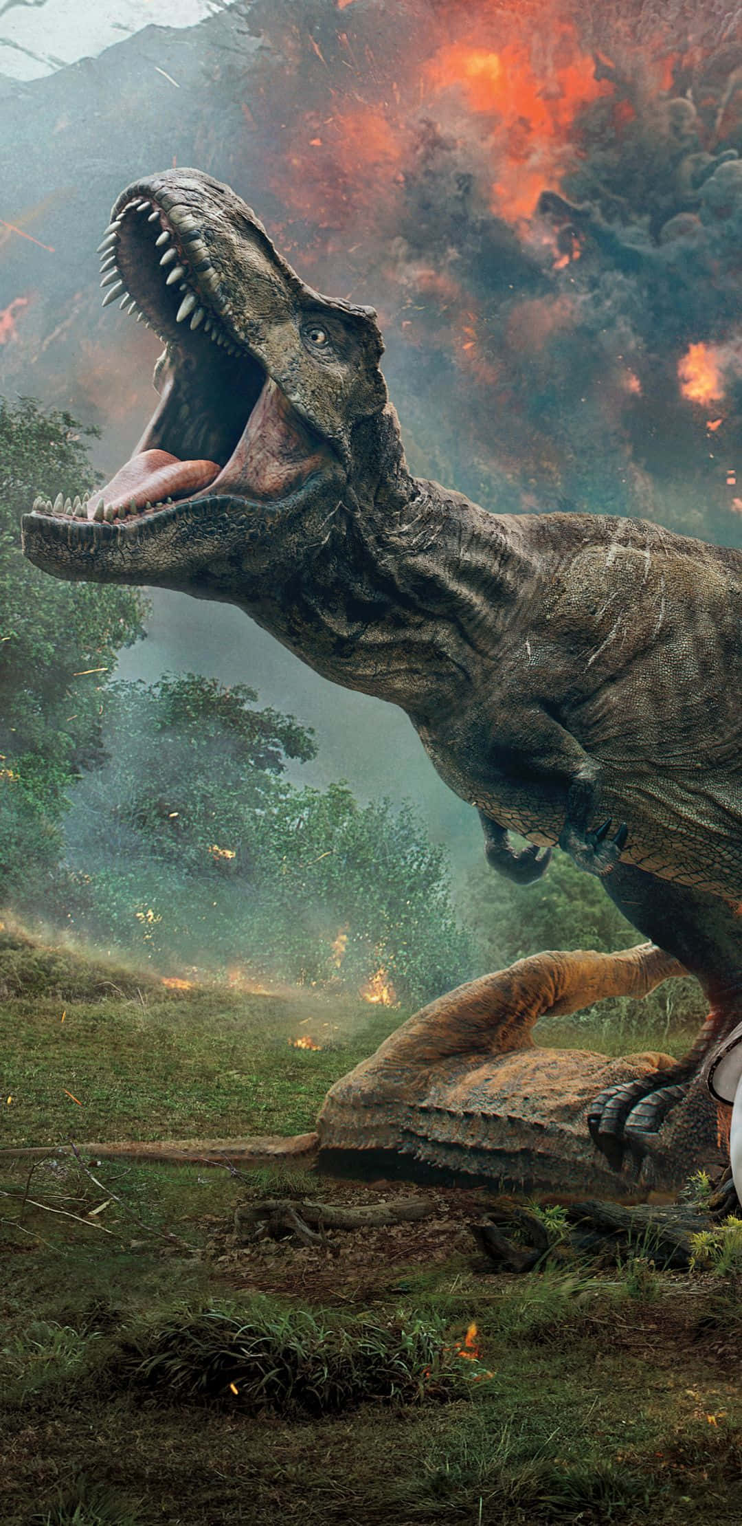 tyrannosaurus rex, fiery prehistoric landscape, smoke, Full HD Phone Wallpaper