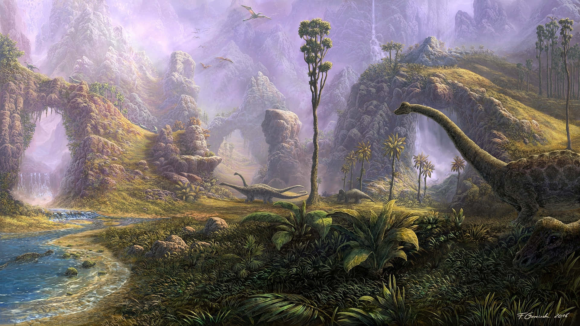 Realistic Dinosaur, prehistoric valley, towering cliffs, Full HD Desktop Wallpaper