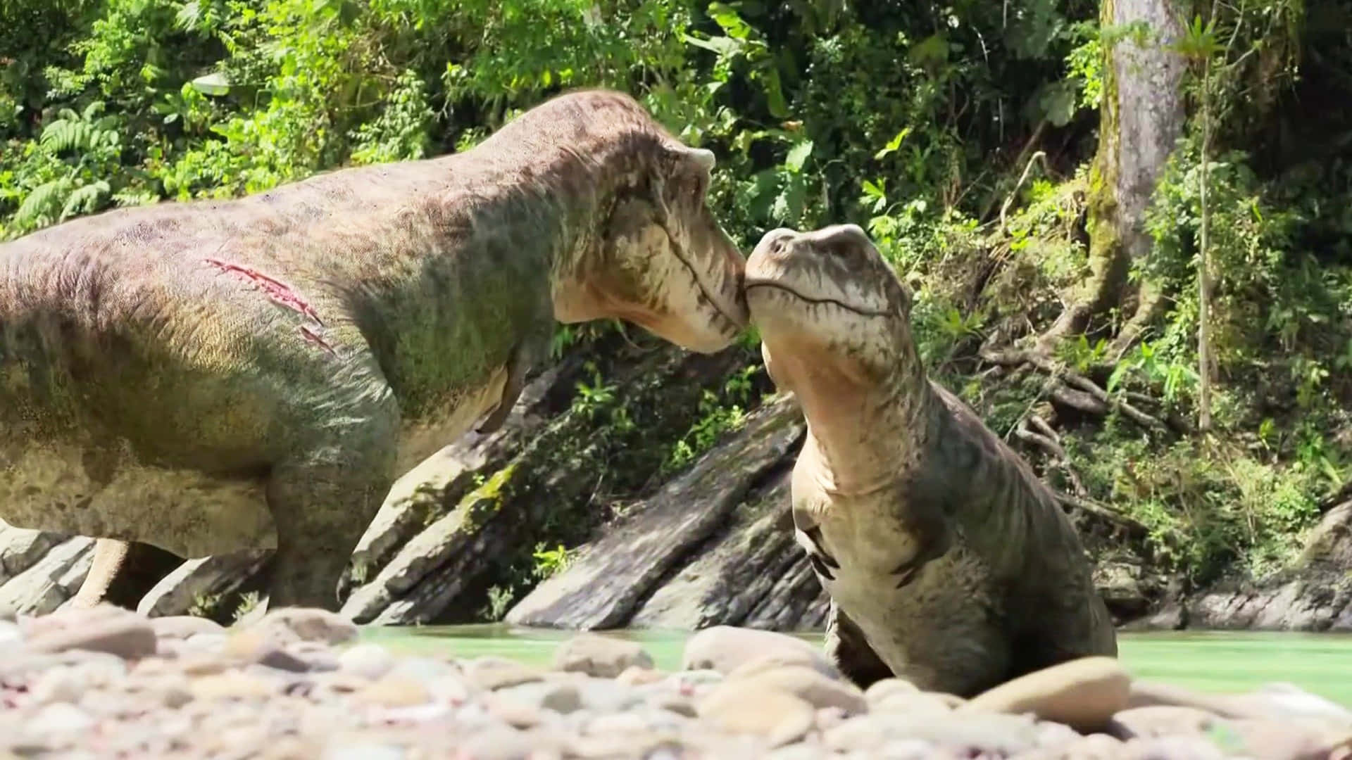realistic dinosaur, sunlit jungle riverbank, mossy rocks, Full HD Desktop Wallpaper