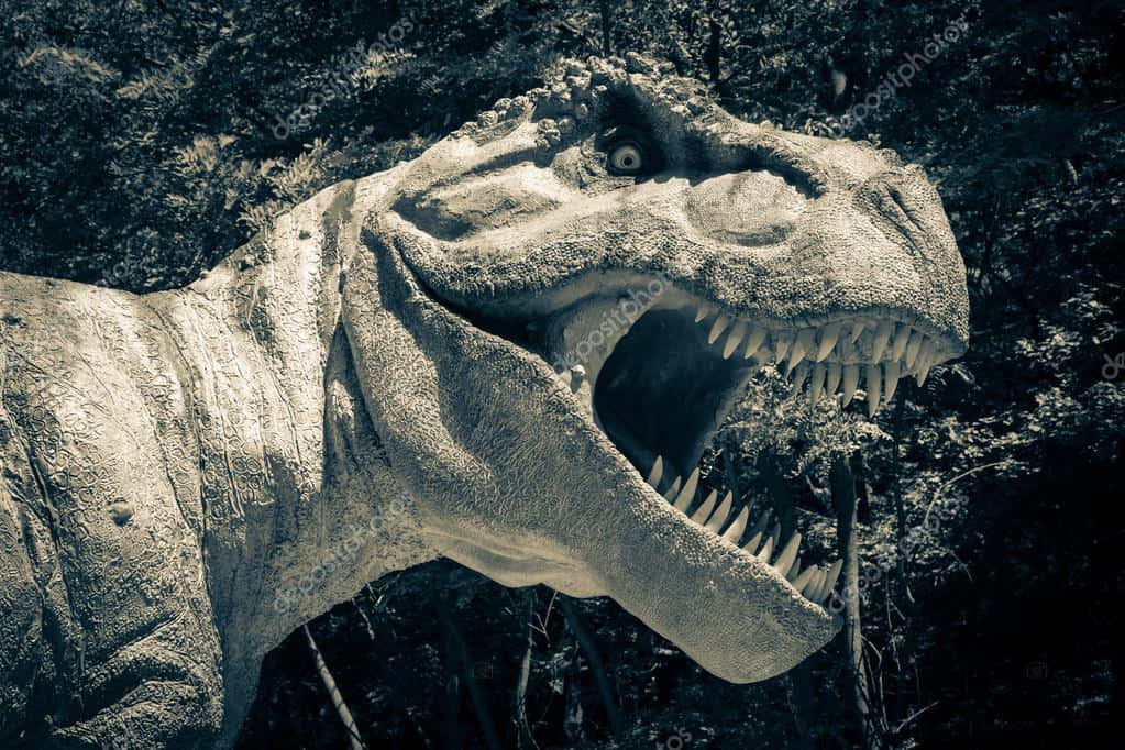 t - rex statue, woods, open jaws, SD Desktop Wallpaper