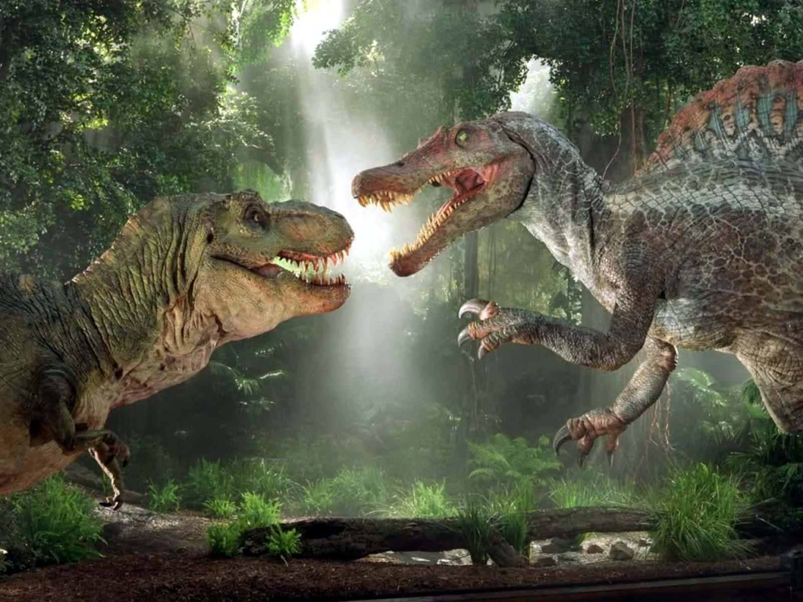 two dinosaurs, jungle, sunlit, HD Desktop Wallpaper