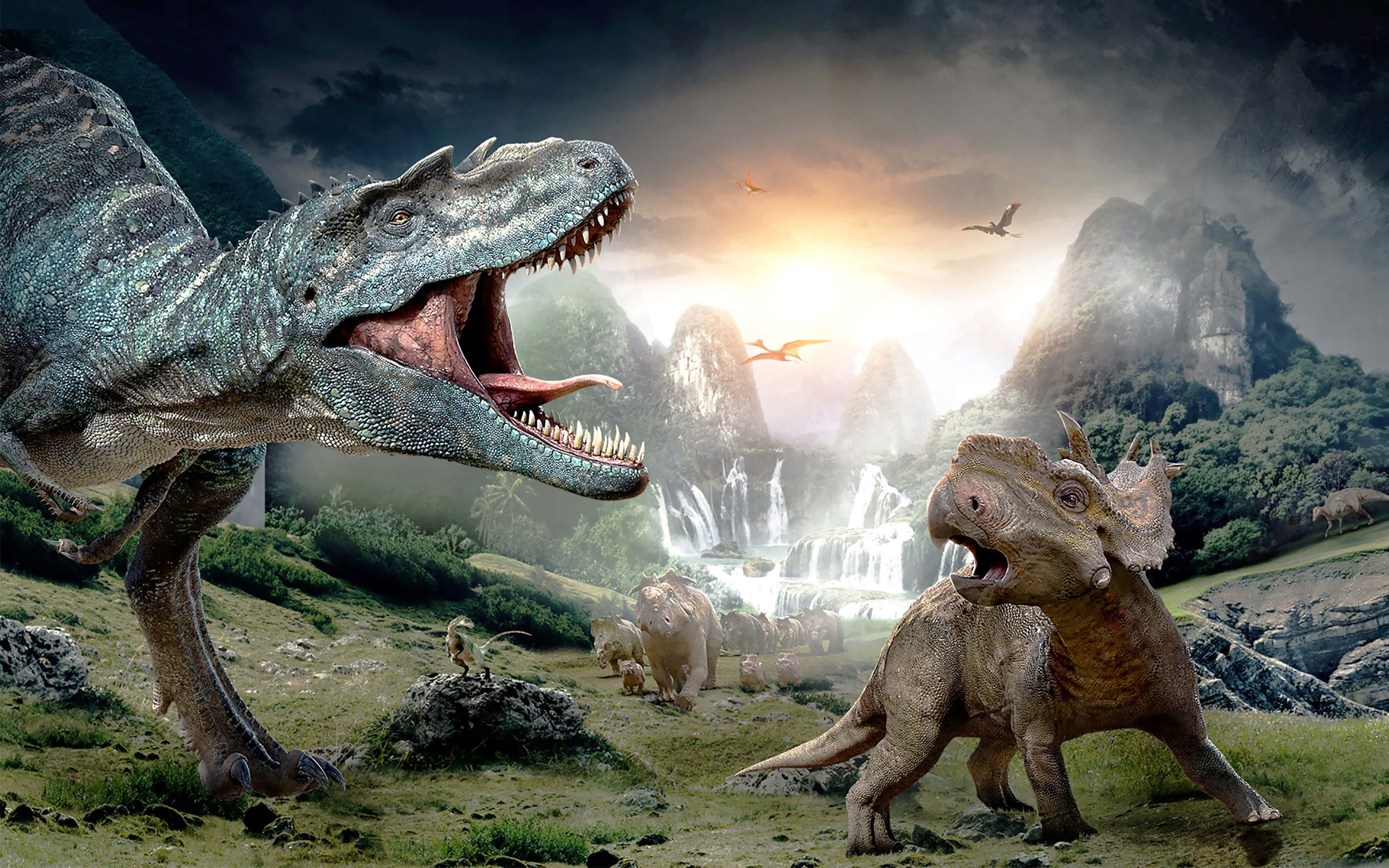 tyrannosaurus, triceratops, misty prehistoric valley, 4K Desktop Wallpaper