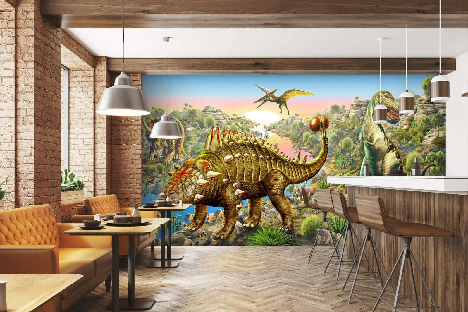 3D dinosaur, lush prehistoric landscape, modern rustic cafe, HD Desktop Wallpaper
