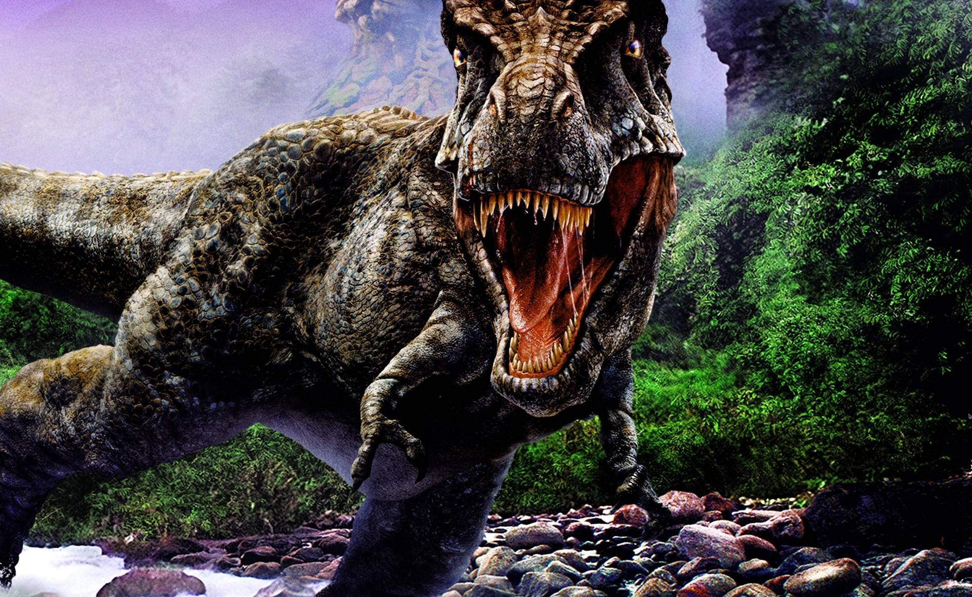 tyrannosaurus rex, rocky riverbank, lush green jungle, Full HD Desktop Wallpaper