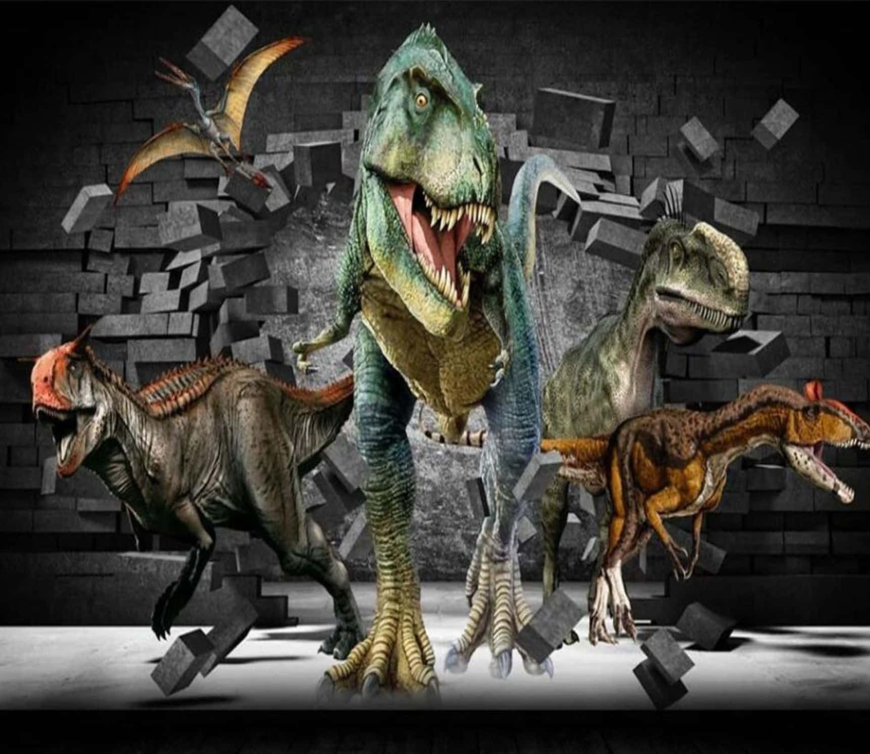 3D Dinosaur, crumbling brick wall, prehistoric landscape, HD Desktop Wallpaper
