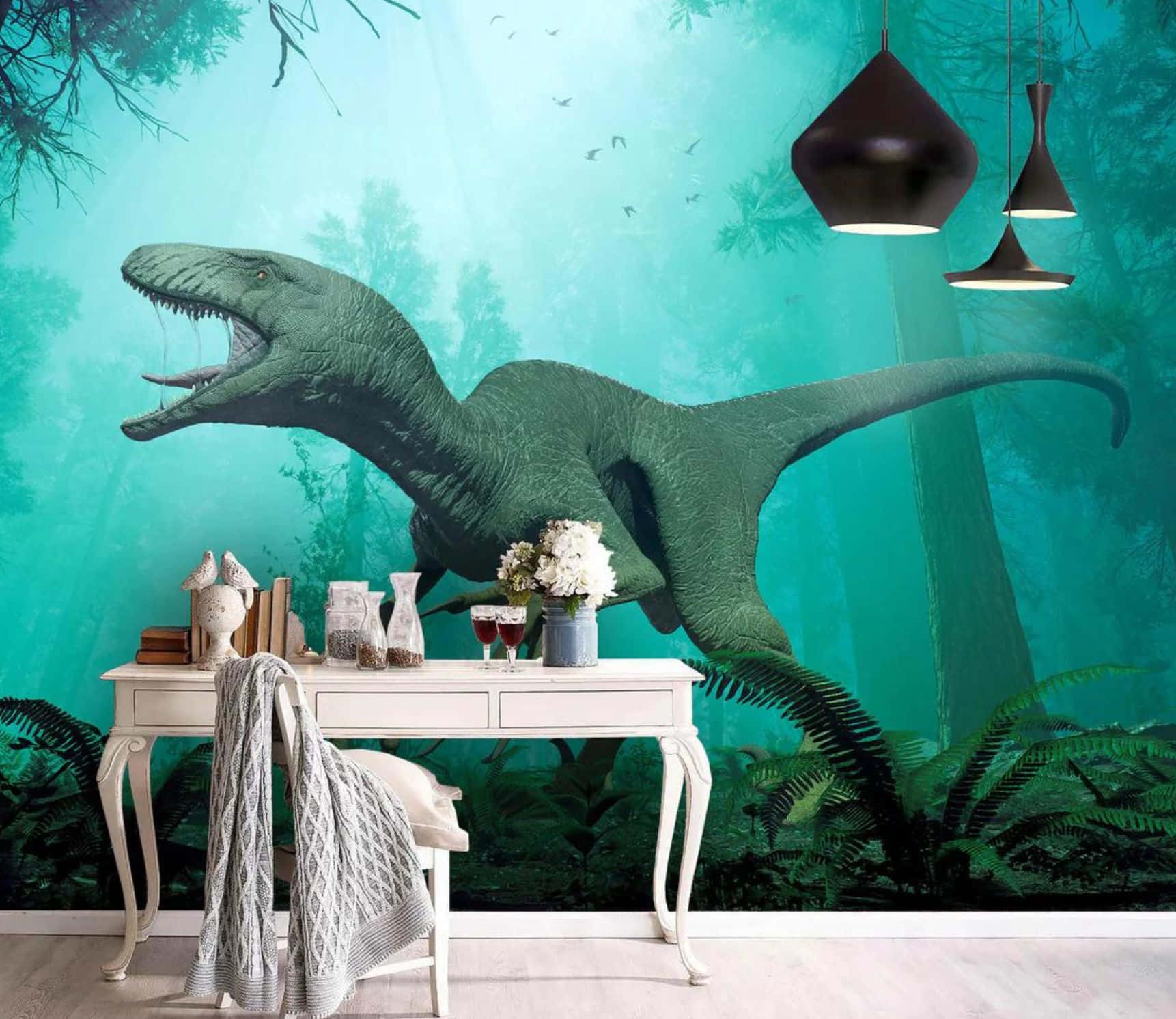 3D dinosaur, green dinosaur, white desk, HD Desktop Wallpaper