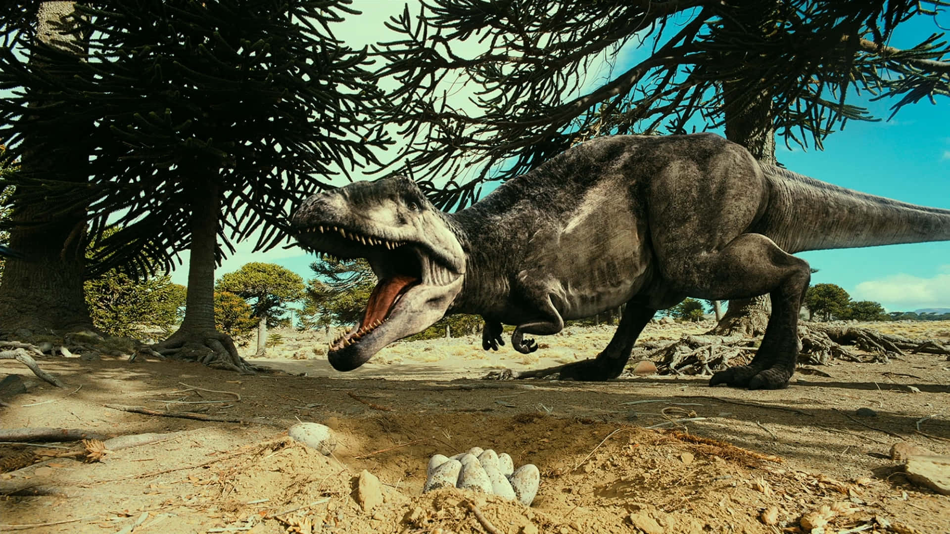 tyrannosaurus rex, sunlit prehistoric savanna, ancient trees, Full HD Desktop Wallpaper