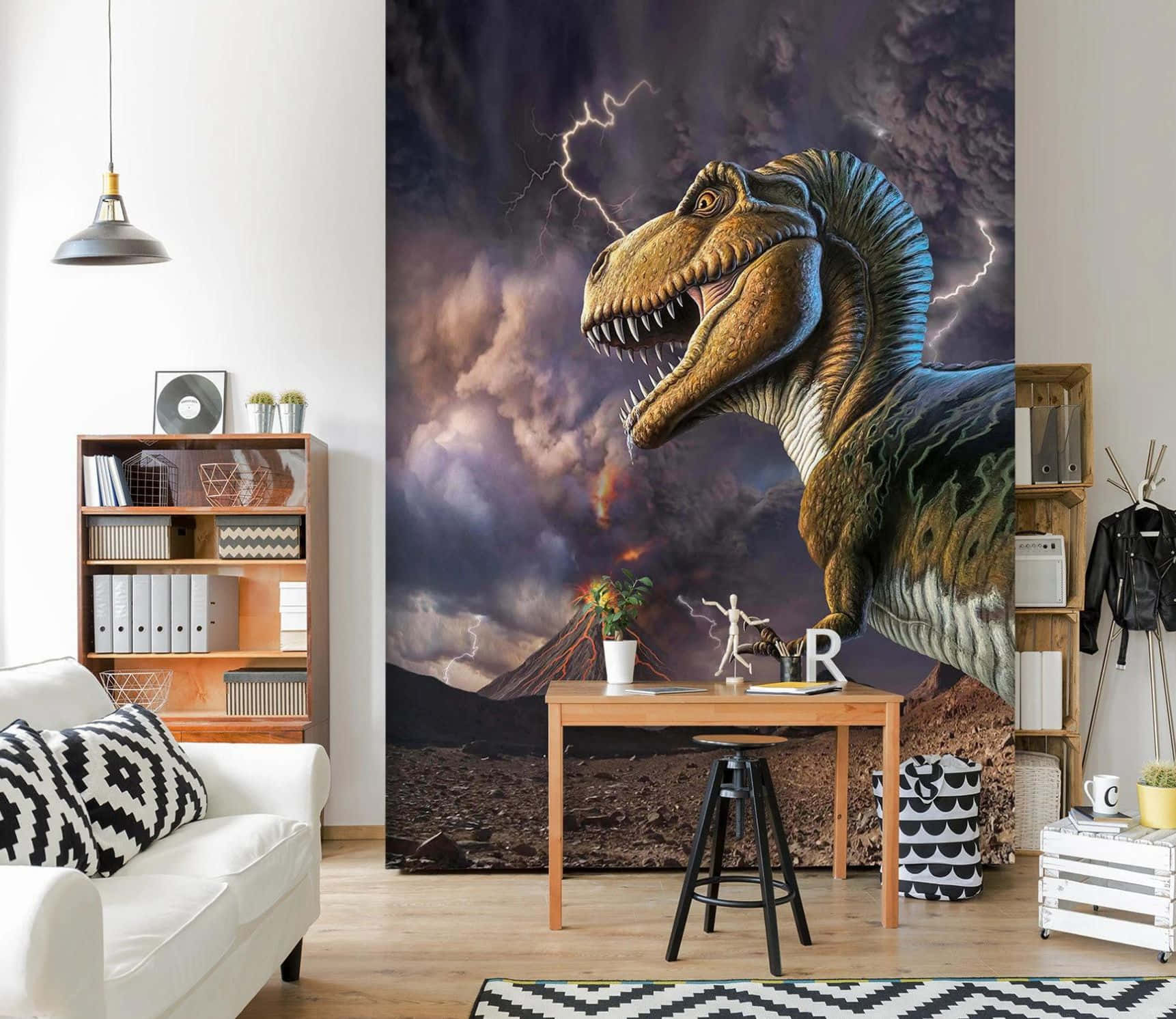 t-rex, stormy volcanic landscape, lightning, HD Desktop Wallpaper