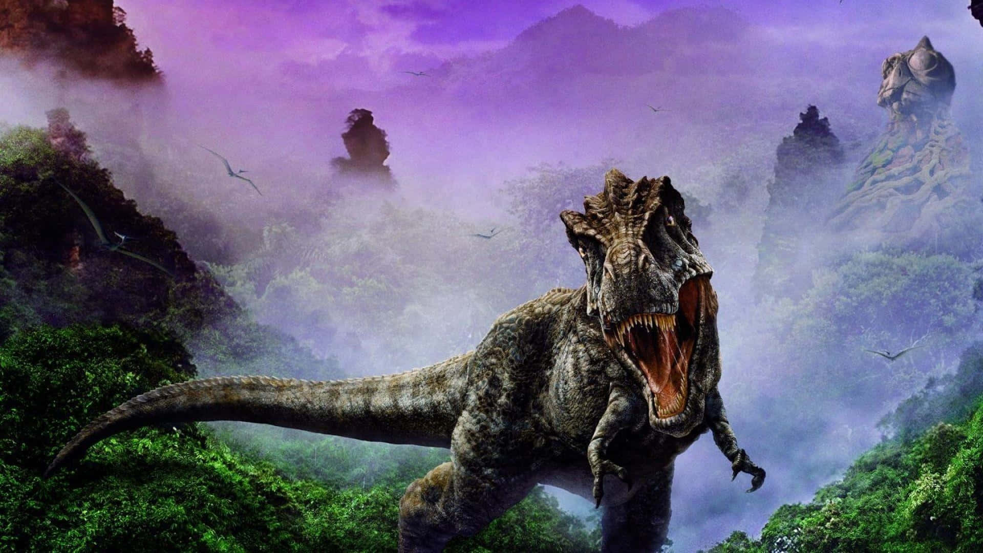 t rex, misty purple mountain valley, lush greenery, Full HD Desktop Wallpaper
